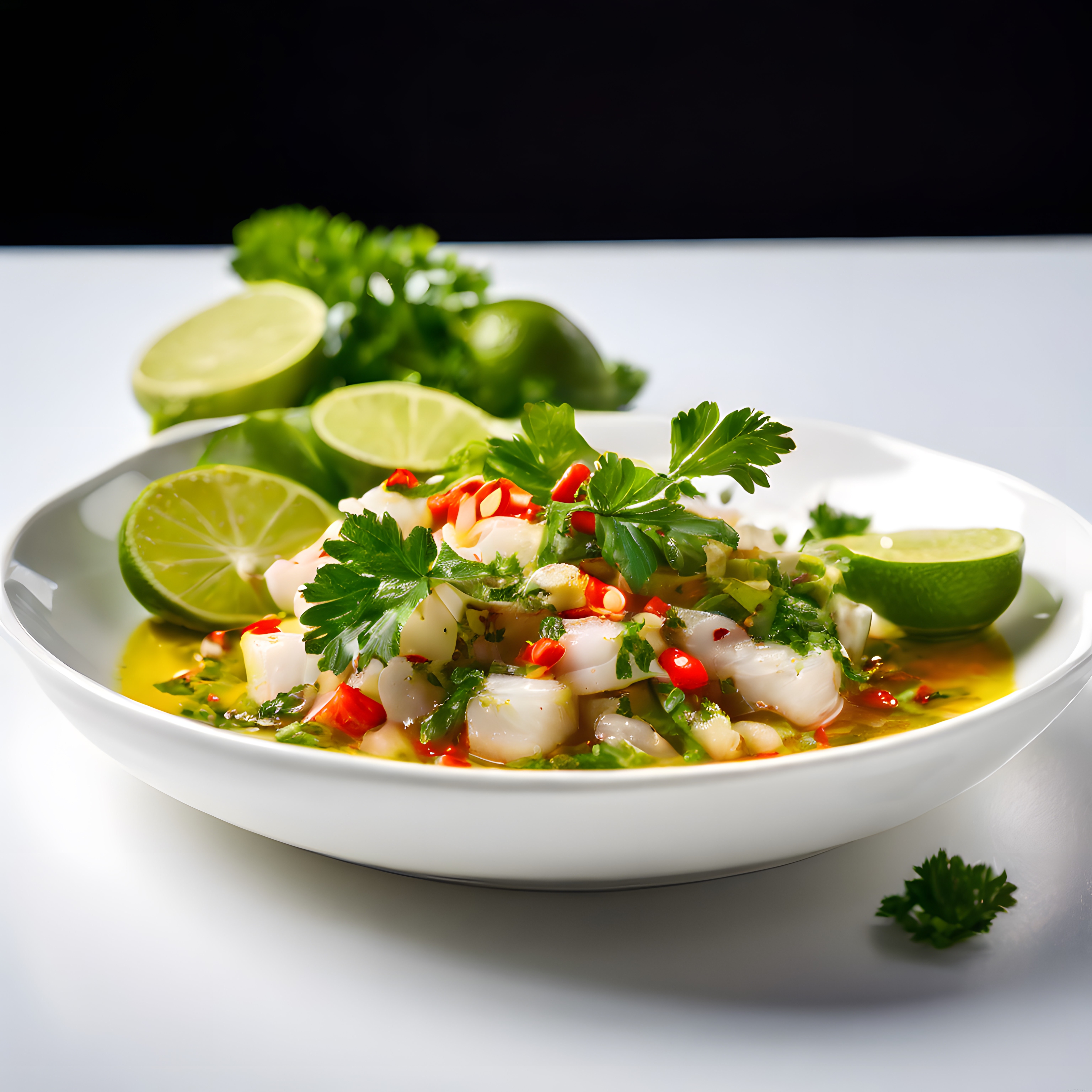 Siyah Arka Planda Beyaz Kasede Limonlu ve Biberli Taze Balık Ceviche Sunumu