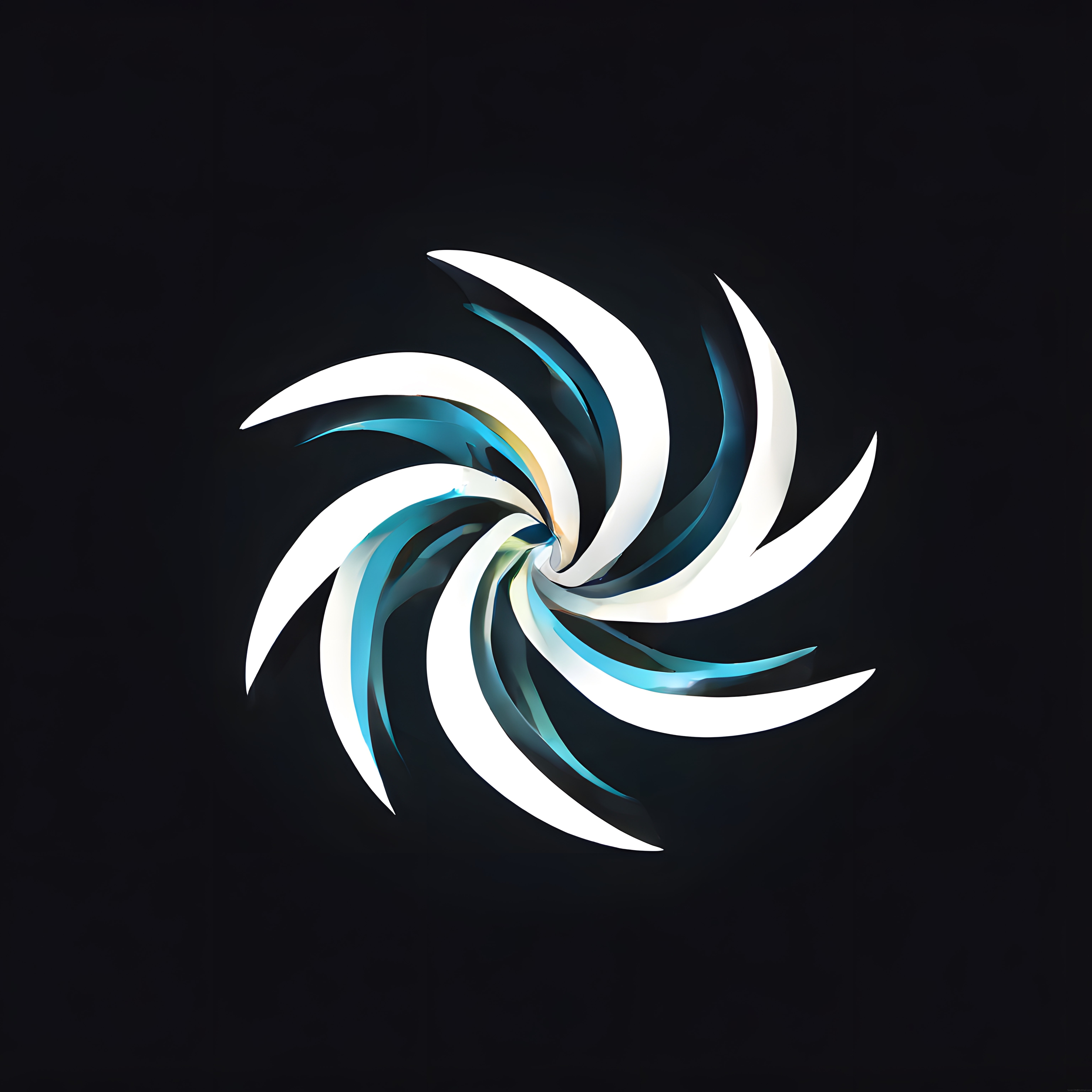 Siyah Arka Planda Buz Mavisi ve Beyaz Cam Spiral 3D Soyut Dijital Sanat Eseri