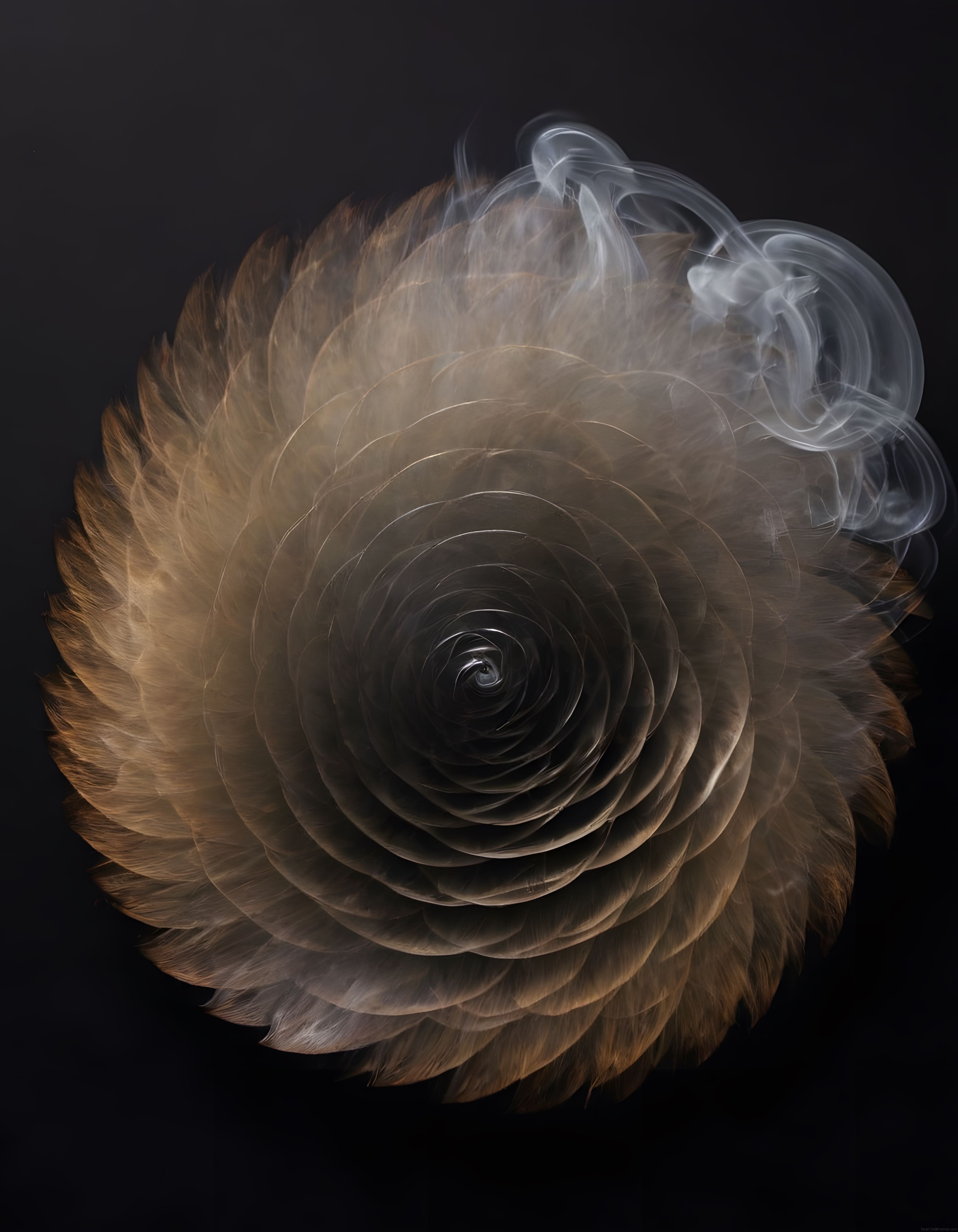 Siyah Arka Planda Dönen Altın ve Gri Tonlarında Hipnotik Işık ve Duman Spiralı