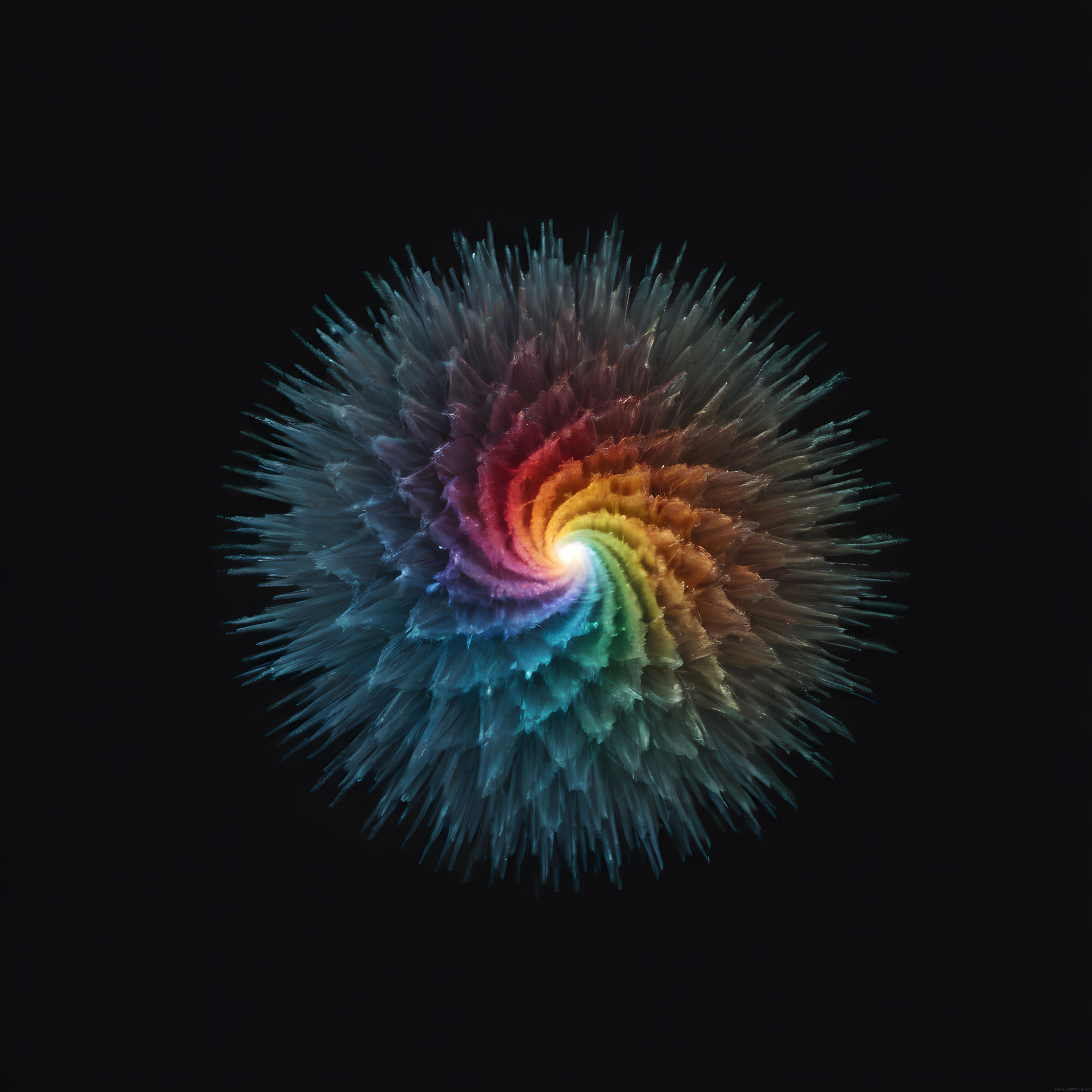 Siyah Arka Planda Gökkuşağı Renkli Soyut Kristal Spiral Dijital Sanat