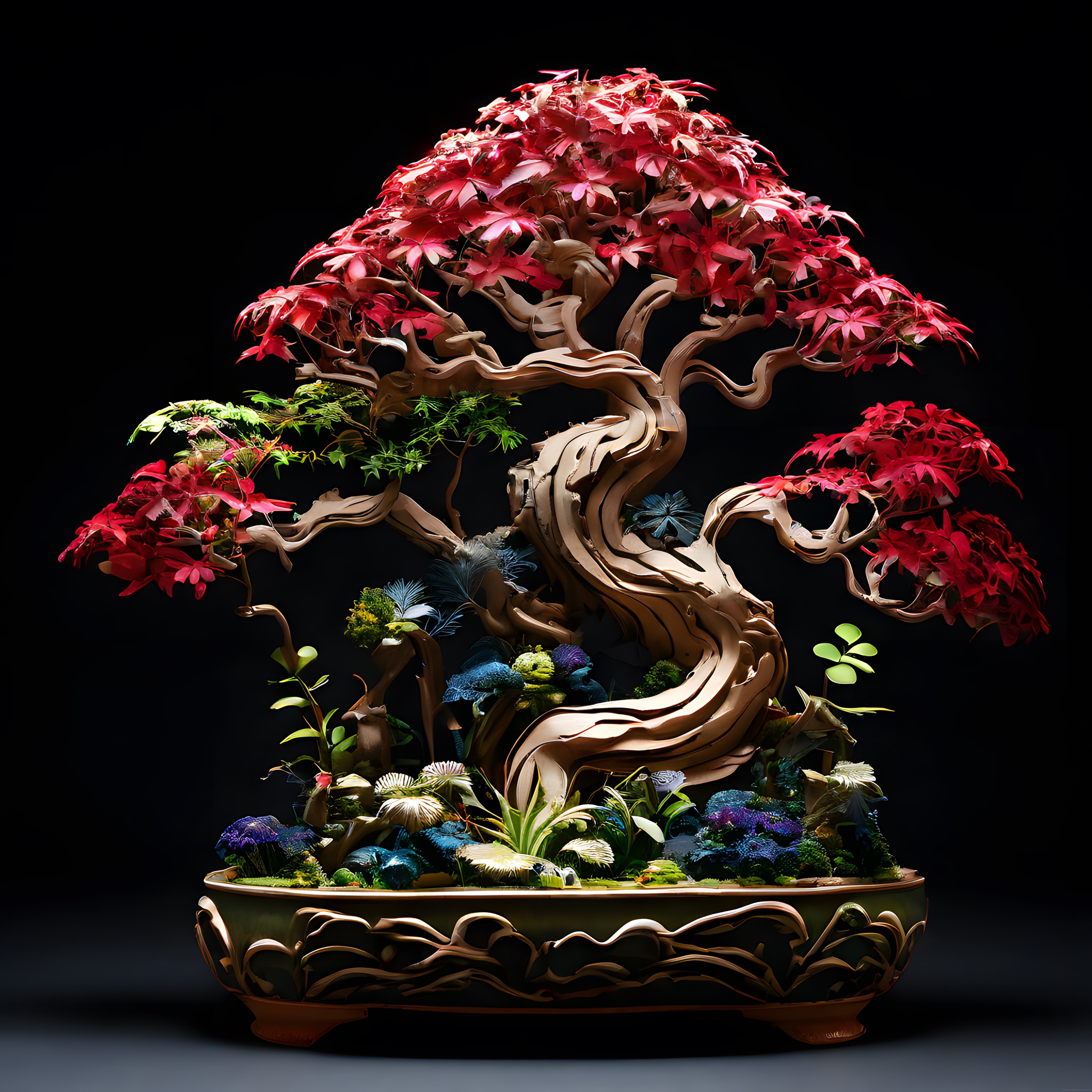 Siyah Arka Planda Işık Oyunlarıyla Süslenmiş Kırmızı Bonsai Tasarımı