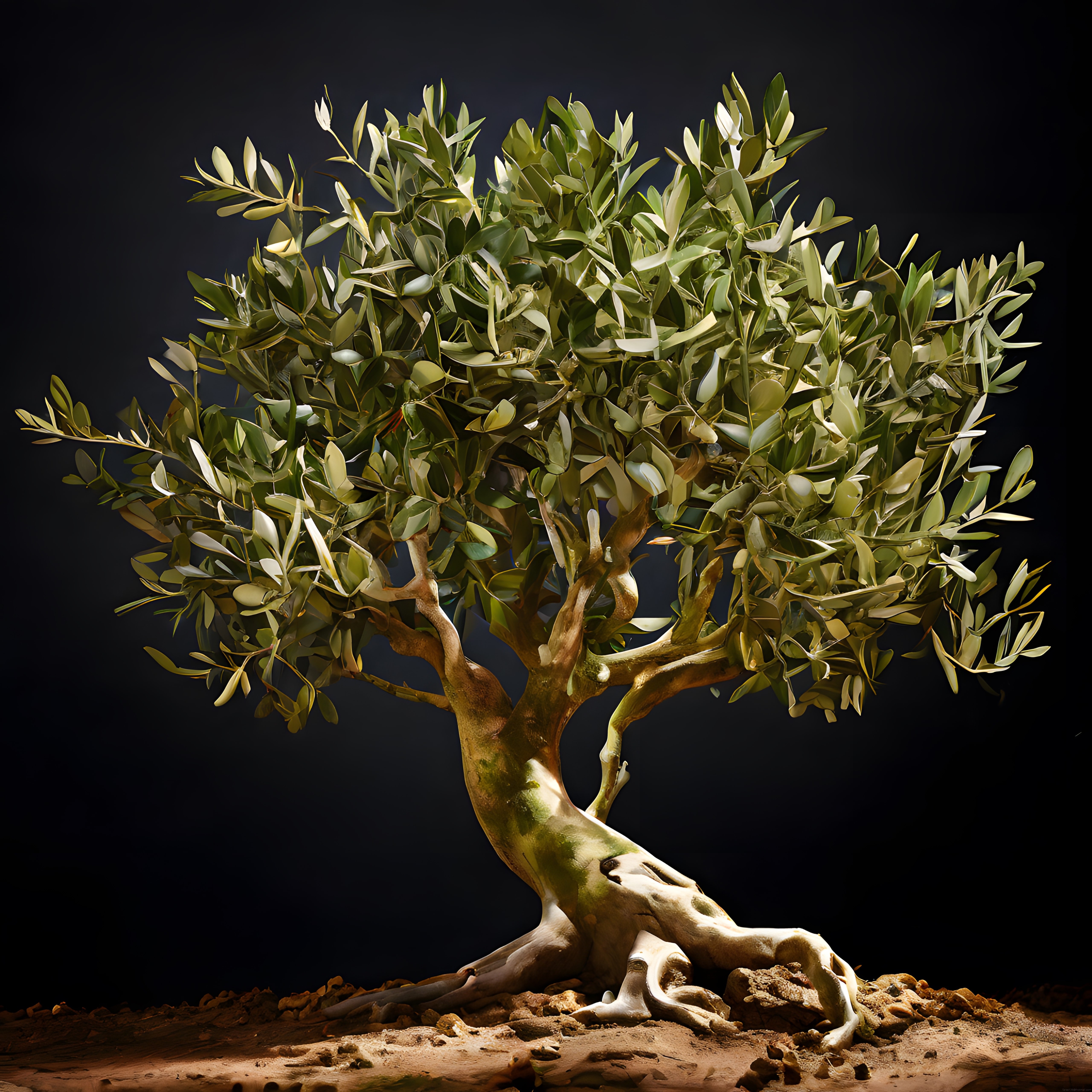 Siyah Arka Planda Işıklandırılmış Bonsai Ağacı ve Detaylı Kök Dokuları