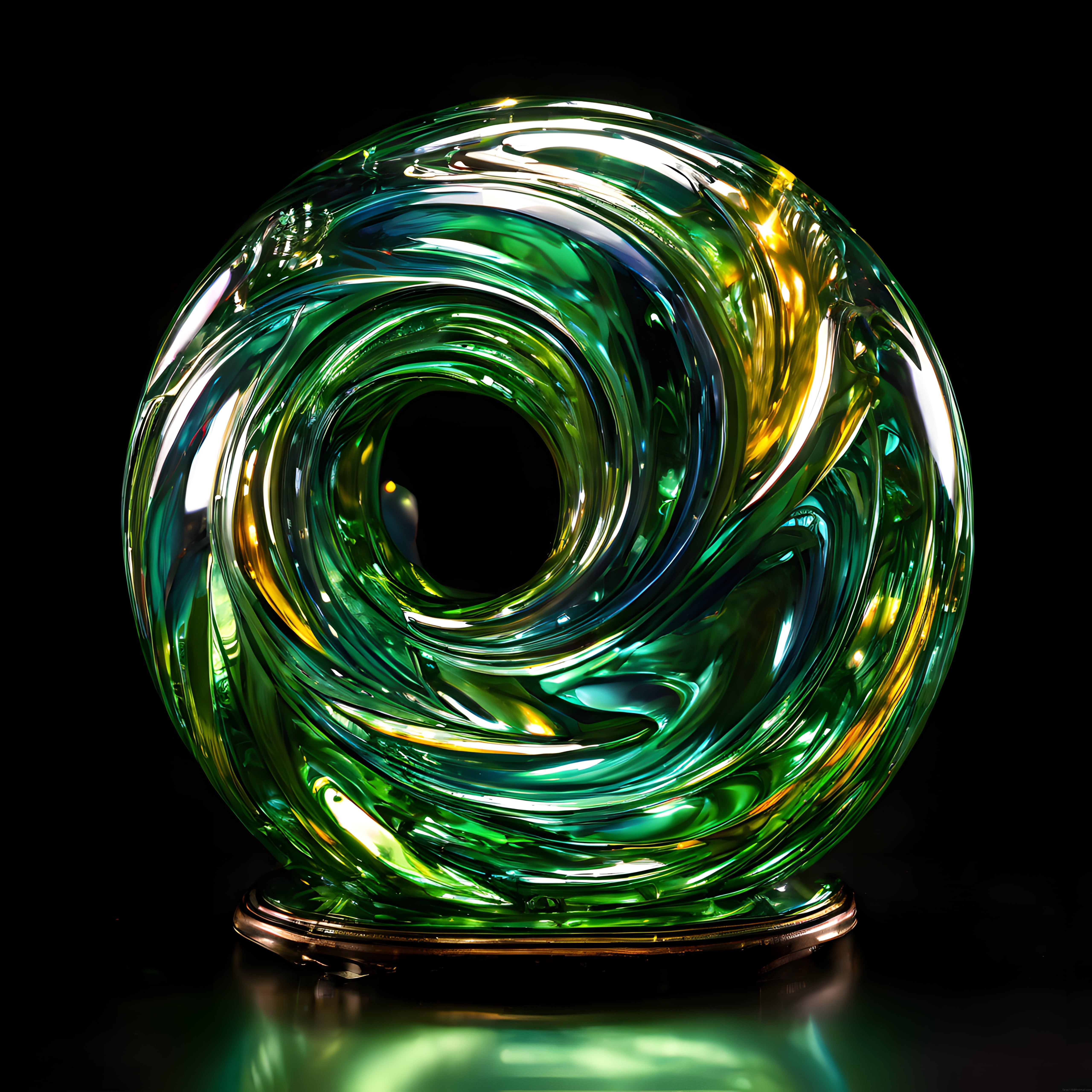 Siyah Arka Planda Işıltılı Yeşil ve Altın Tonlarında Spiral Cam Sanat Objesi