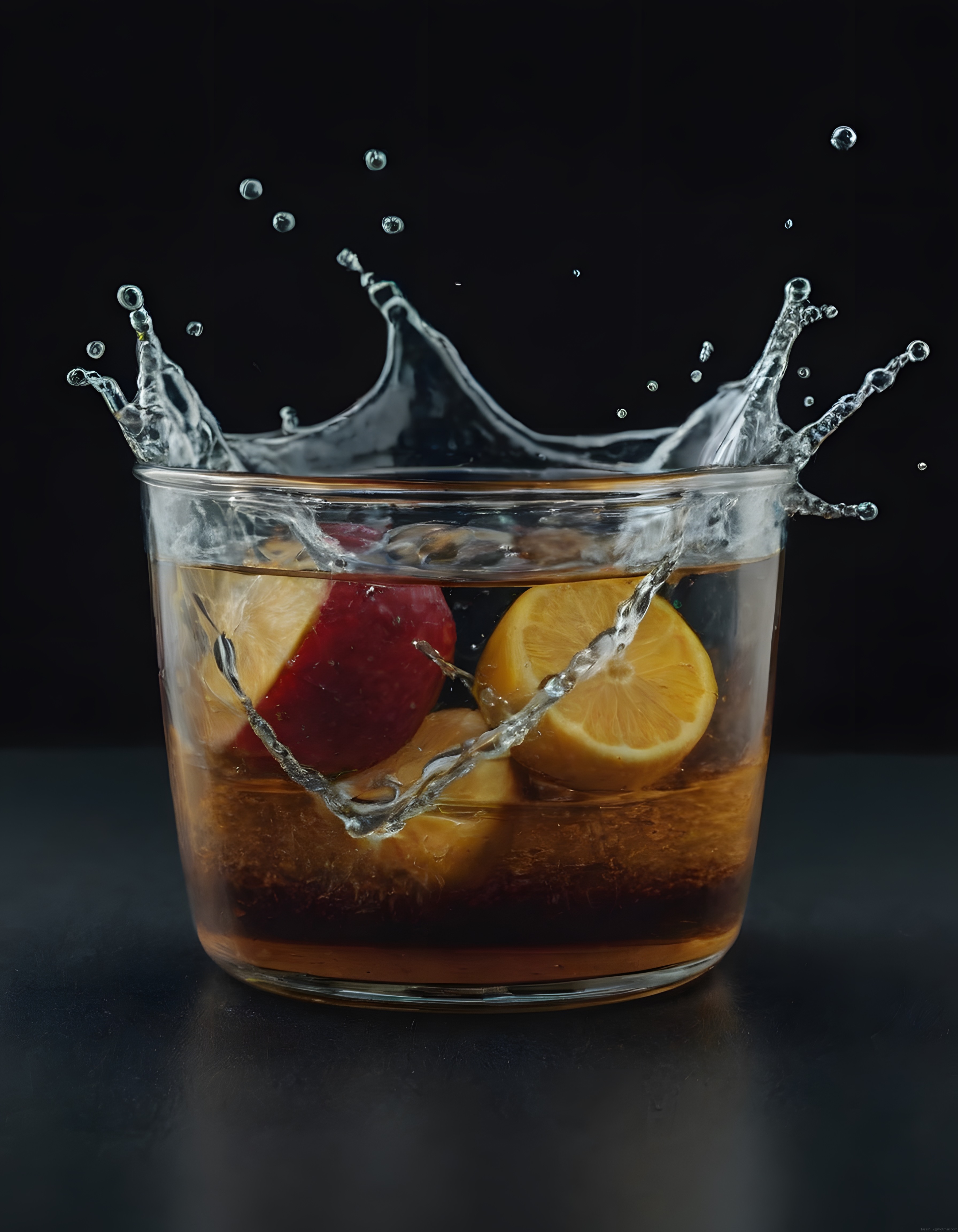 Siyah Arka Planda Meyve Suyu Sıçrat Cam Kapta Elma ve Limon Dilimleri