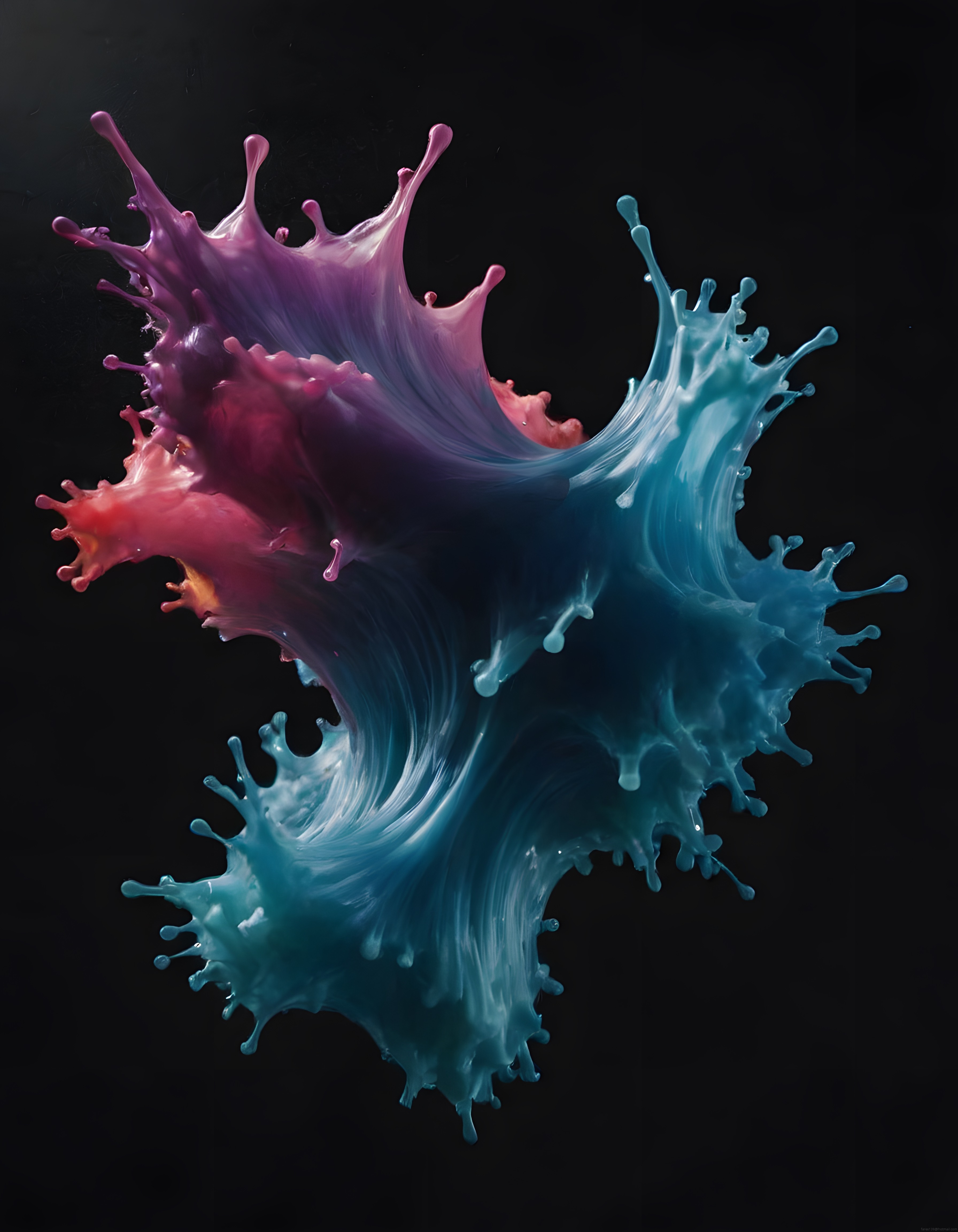 Siyah Arka Planda Mor ve Mavi Renkli Akışkan Sıvı Splash Dijital Sanat