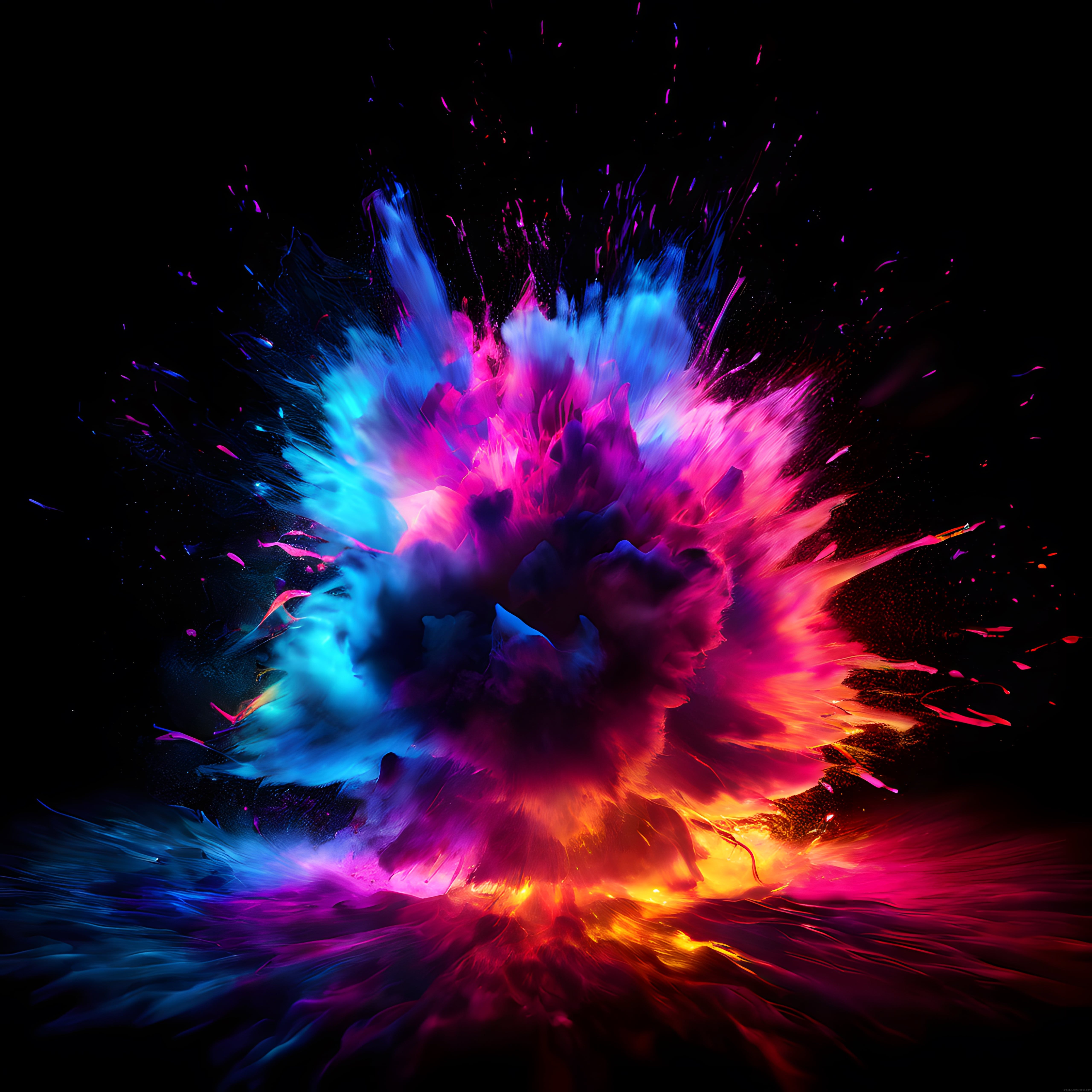 Siyah Arka Planda Neon Mavi ve Magenta Tonlarında Soyut Toz Patlaması Sanatı