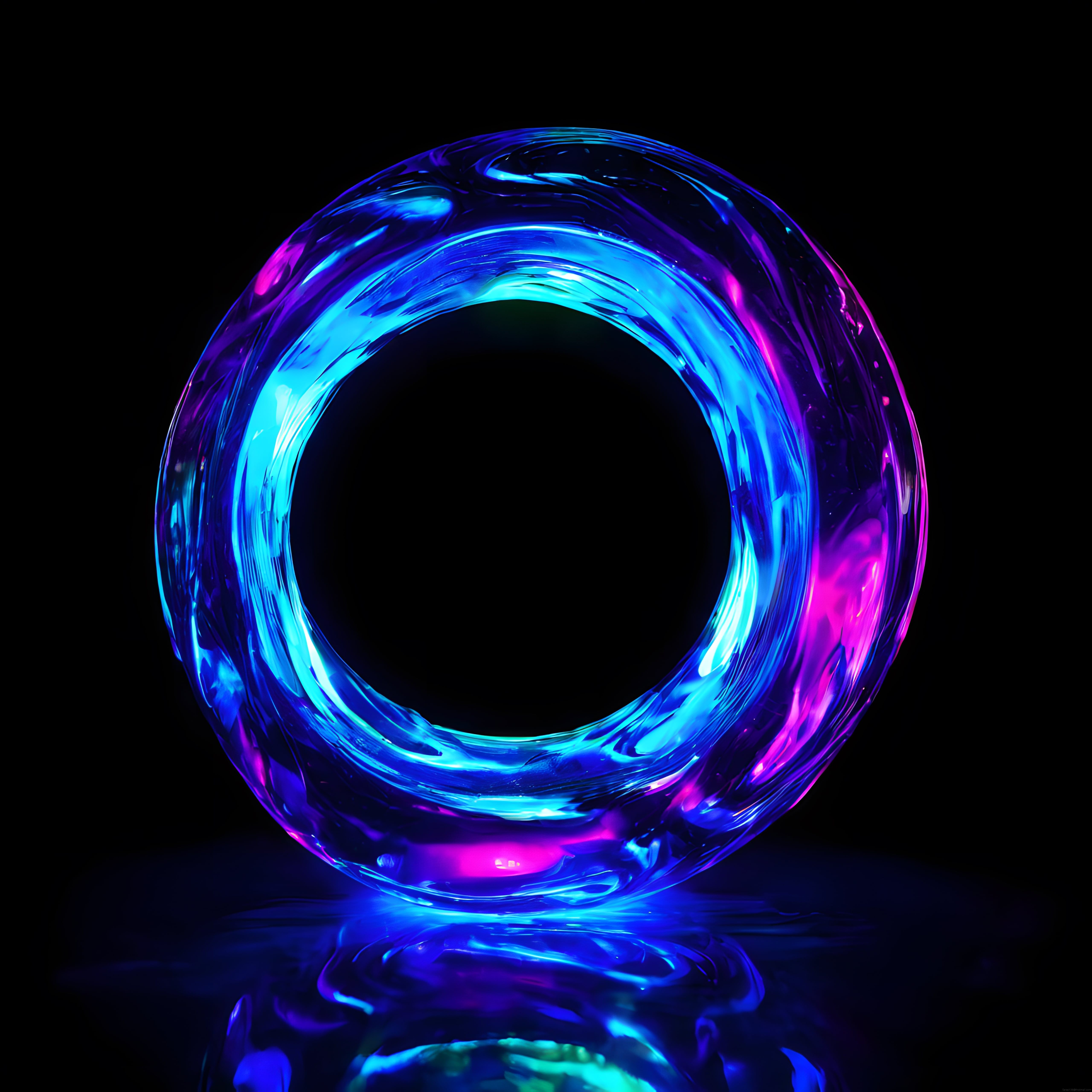 Siyah arka planda neon mavi ve pembe rengindeki parlak soyut halka sanatı