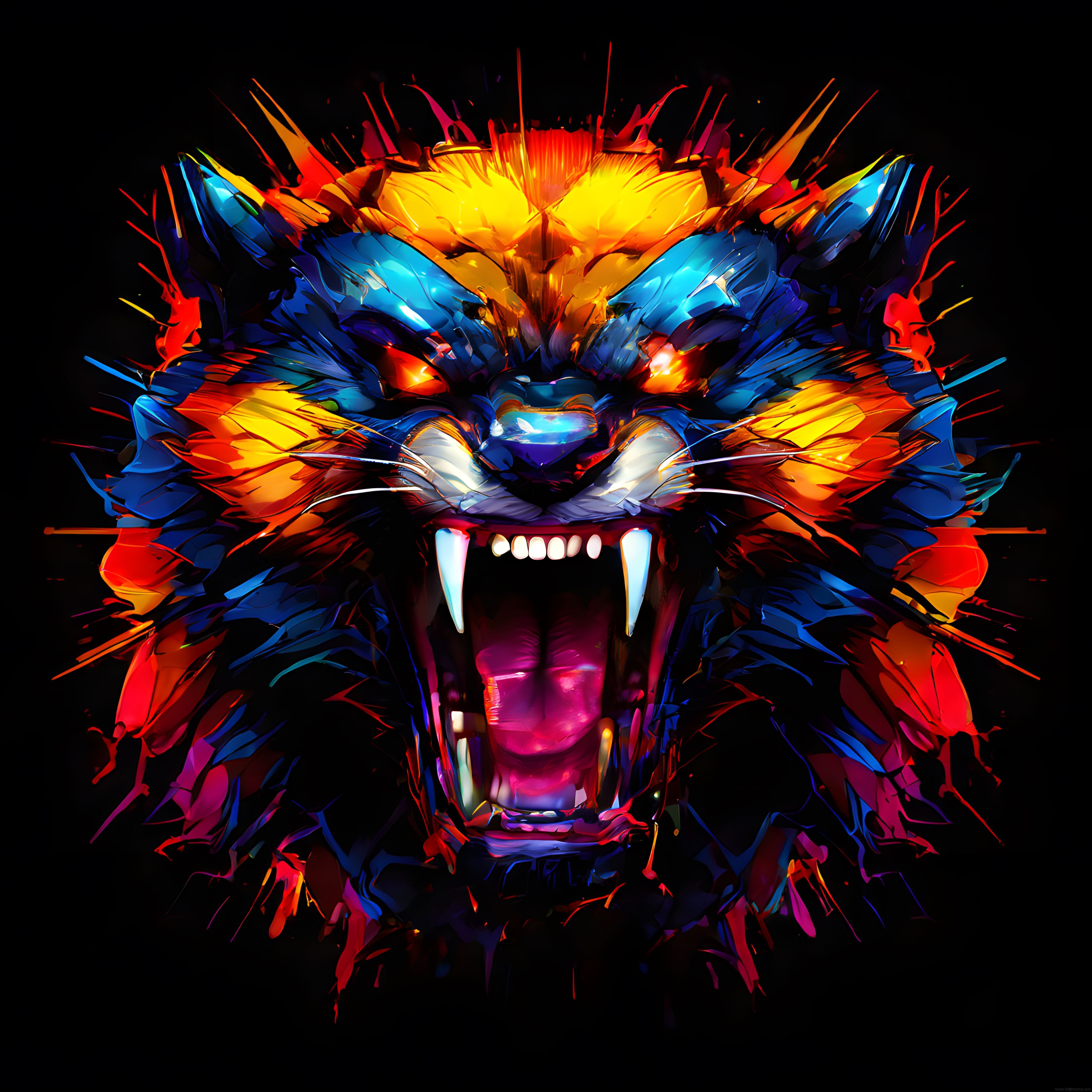Siyah arka planda neon renkli dijital aslan portresi ve soyut sanat