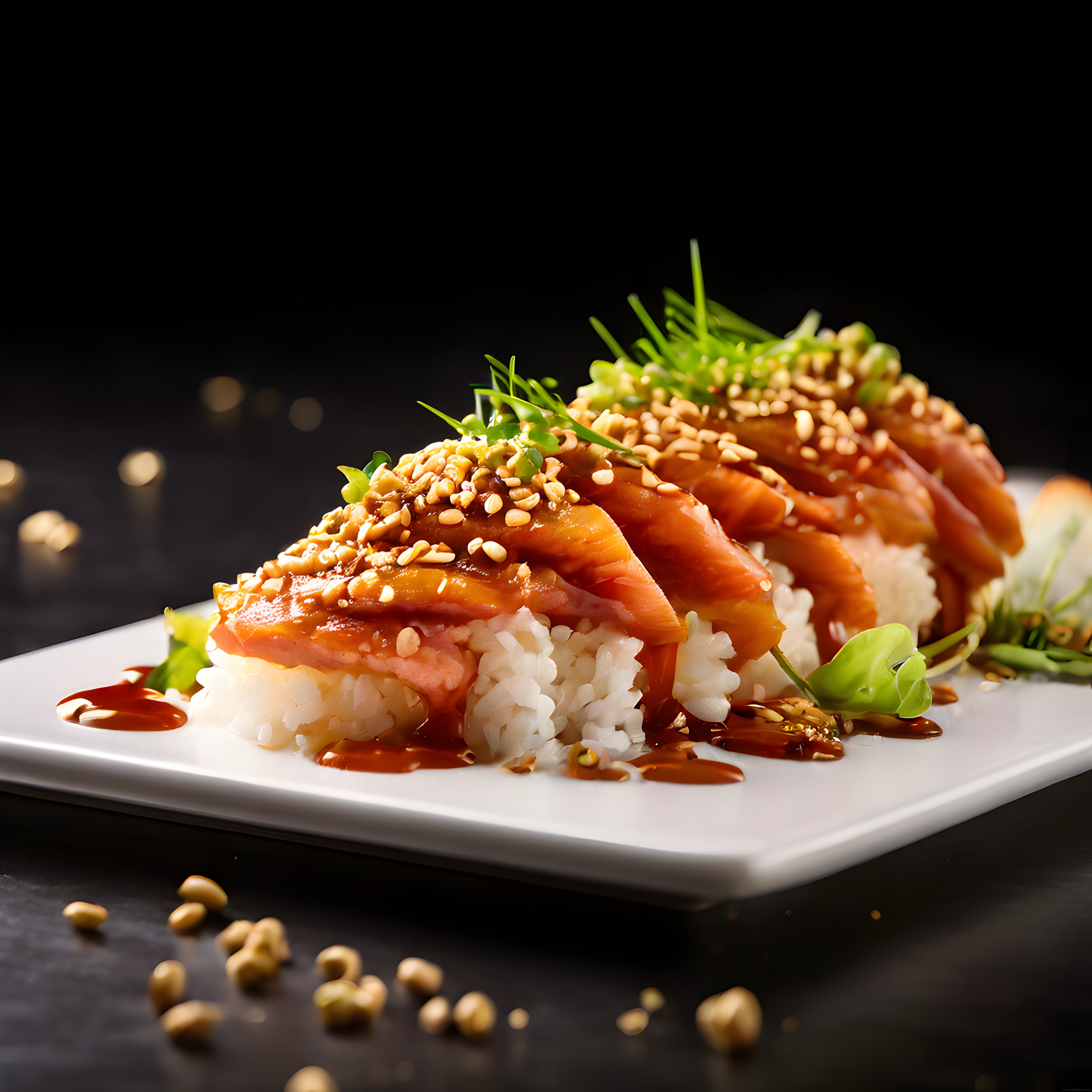 Siyah Arka Planda Profesyonel Somonlu Sushi ve Pirinç Tabağı Sunumu