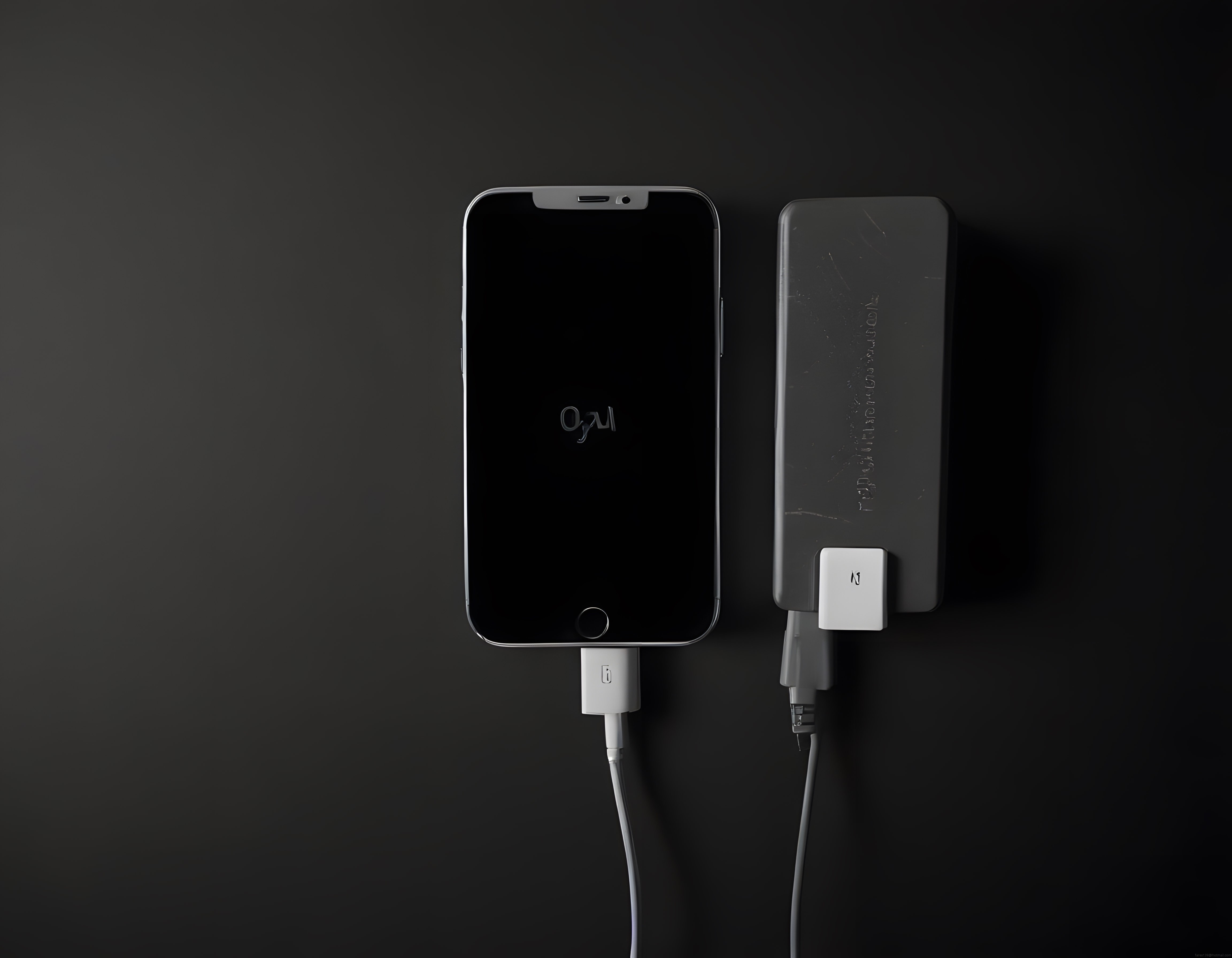 Siyah arka planda şarj olan iphone ve taşınabilir batarya minimalist görsel