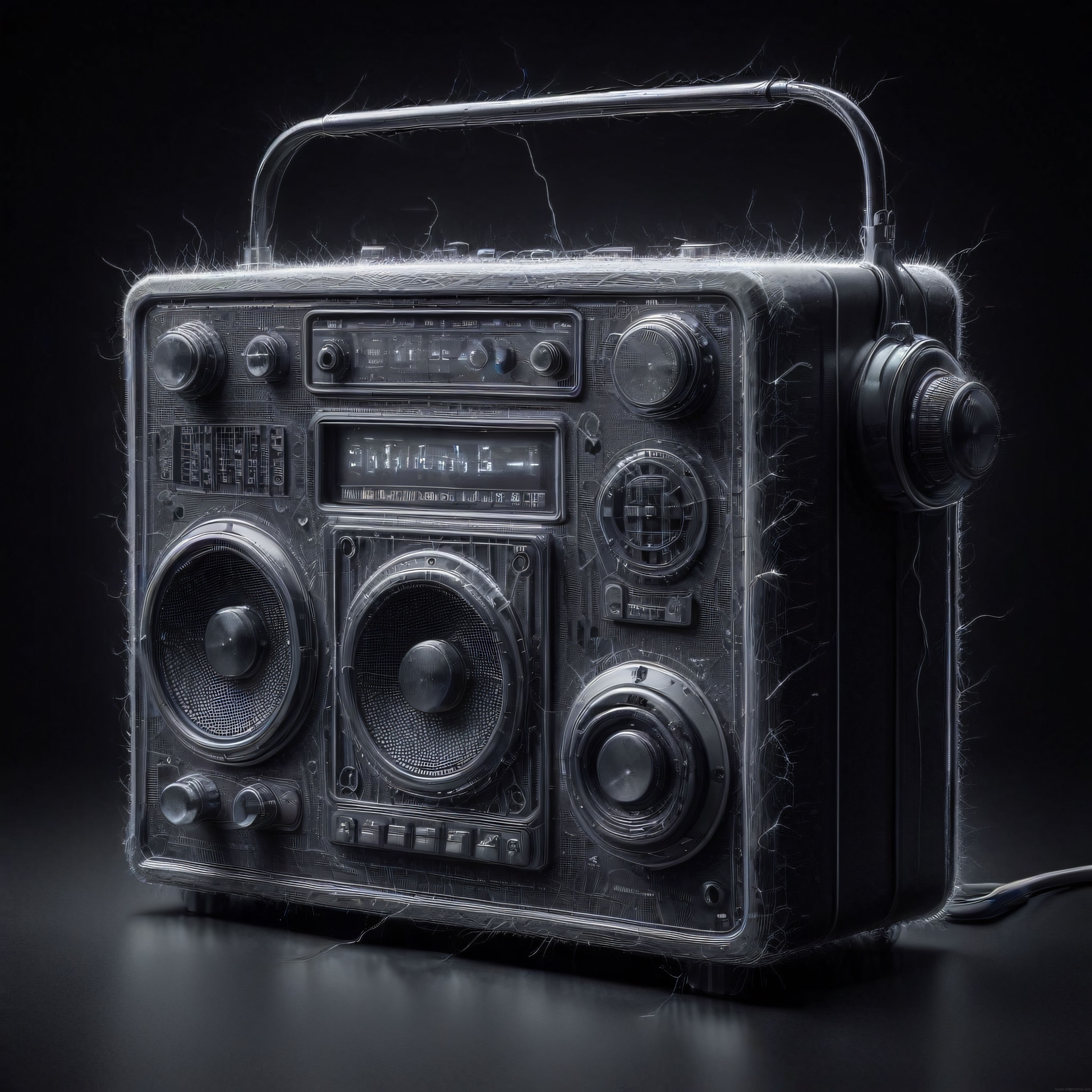 Siyah Arka Planda Tel Çizim Tekniğiyle Oluşturulmuş Vintage Boombox