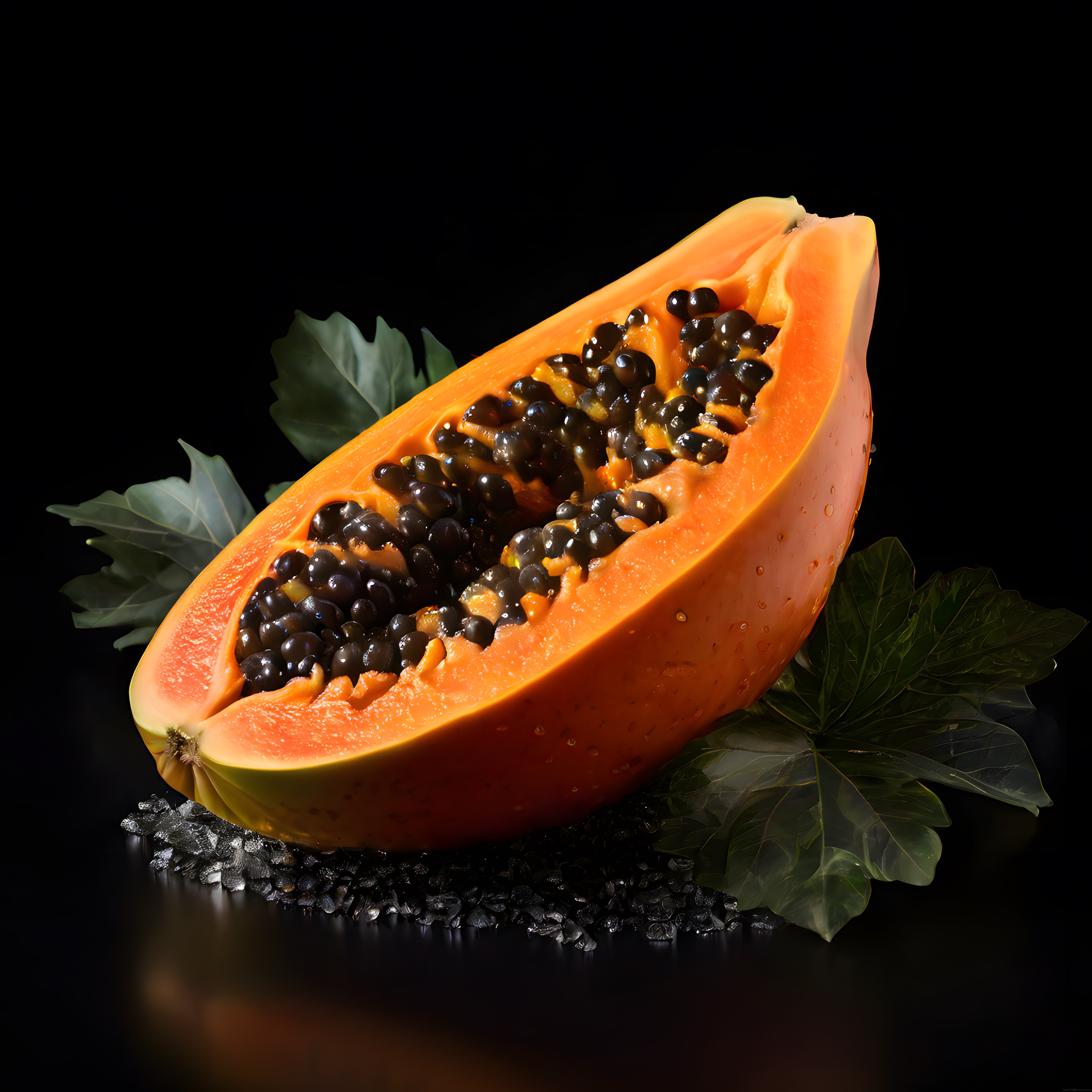 Siyah Arka Planda Yarım Kesilmiş Taze Papaya ve Buz Üzerinde Ürün Fotoğrafı