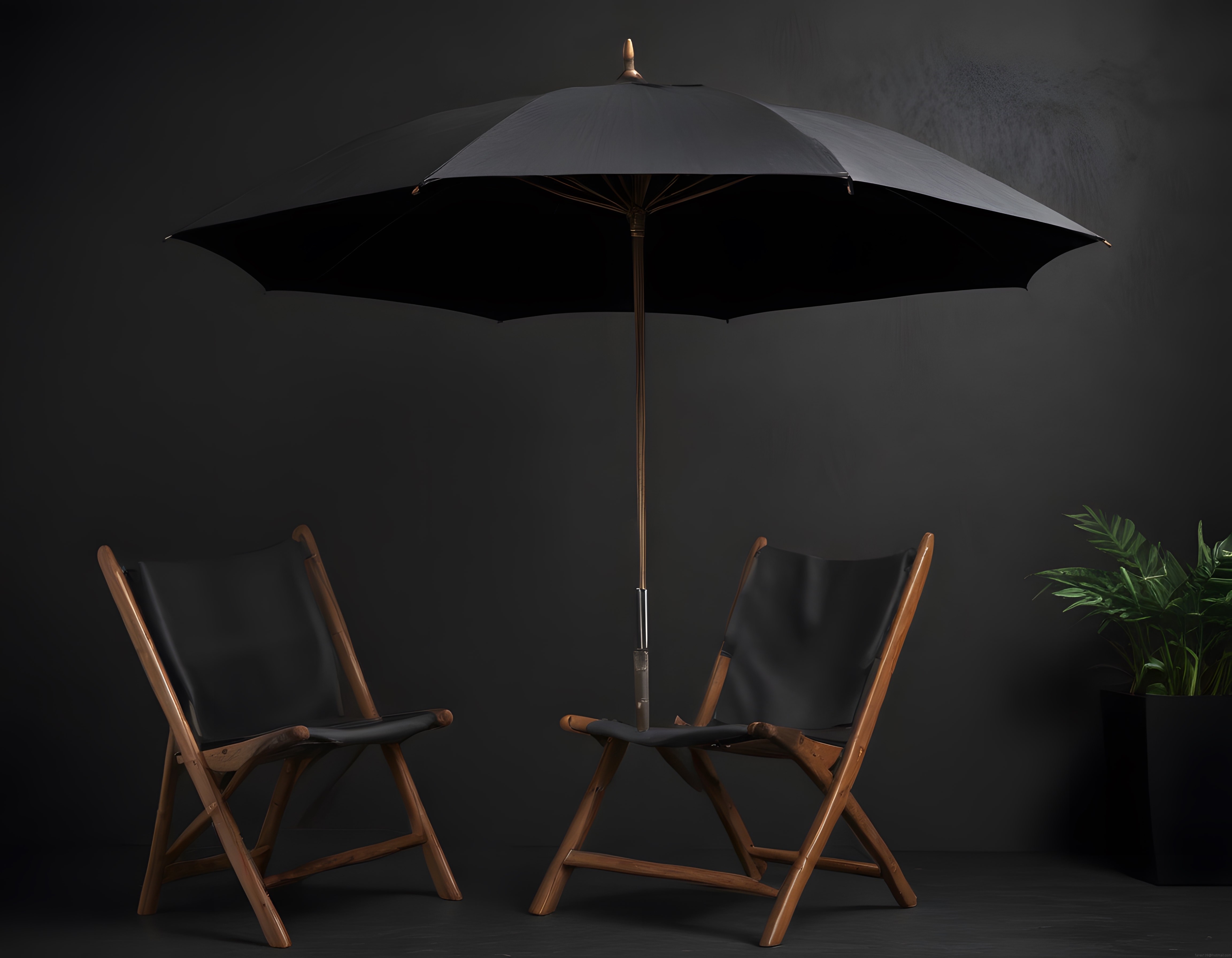 Siyah Bahçe Şemsiyesi ve Ahşap Sandalyelerle Minimalist Lüks Balkon Dekoru