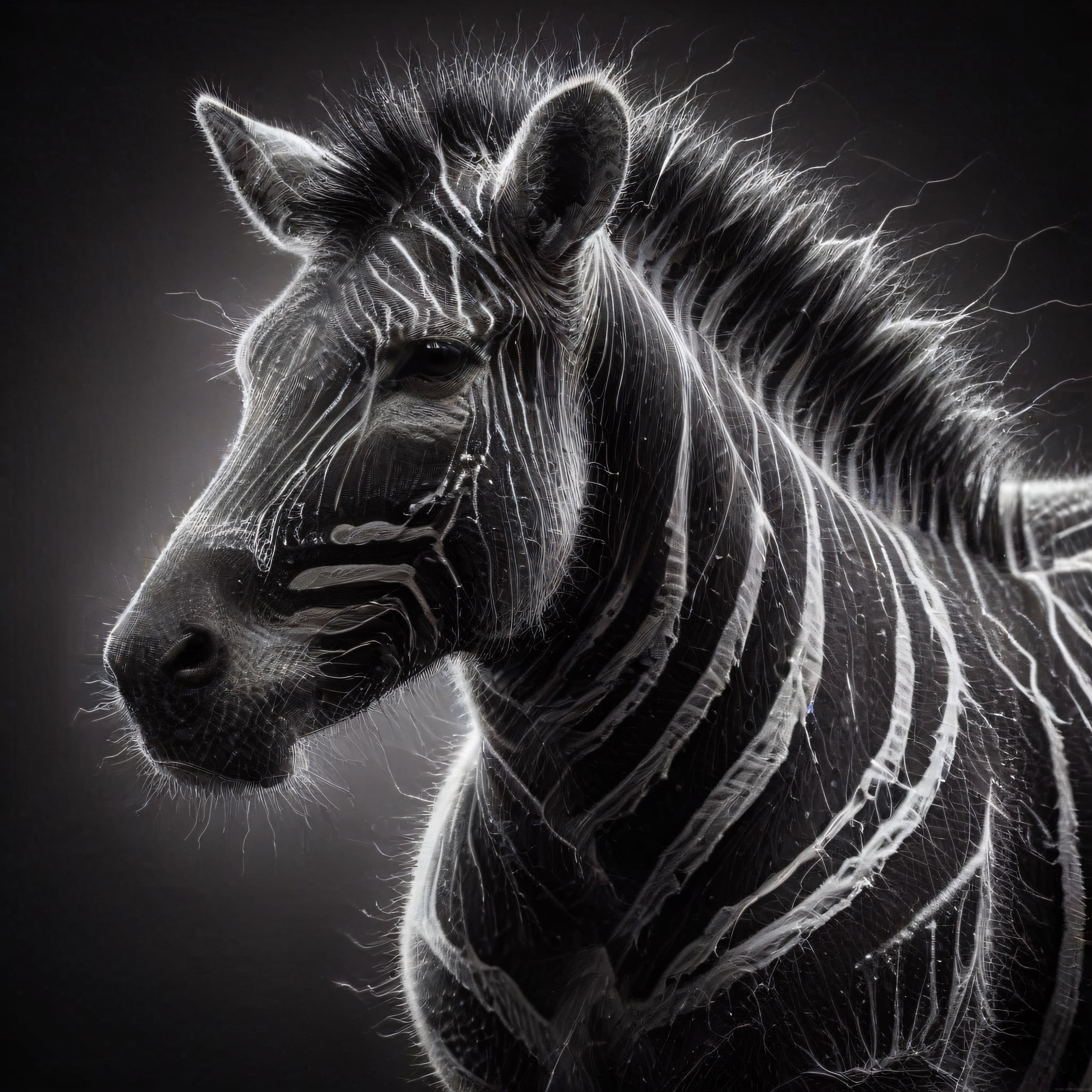 Siyah Beyaz Artistik Zebra Portresi, Karanlık Fon ve Detaylı Çizgi Desenleri