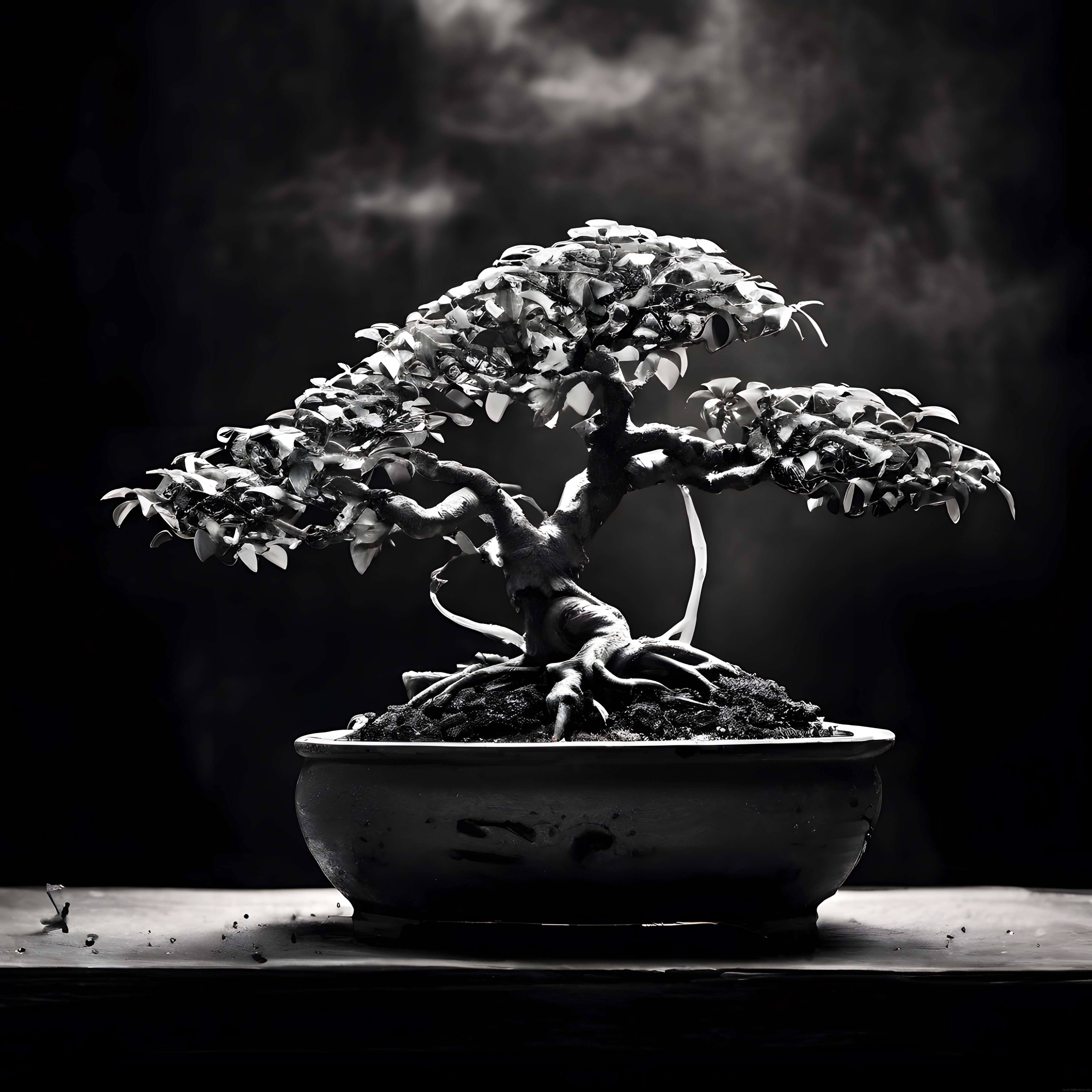 Siyah Beyaz Bonsai Fotoğrafı: Ustalıkla Şekillendirilmiş Minyatür Ağaç