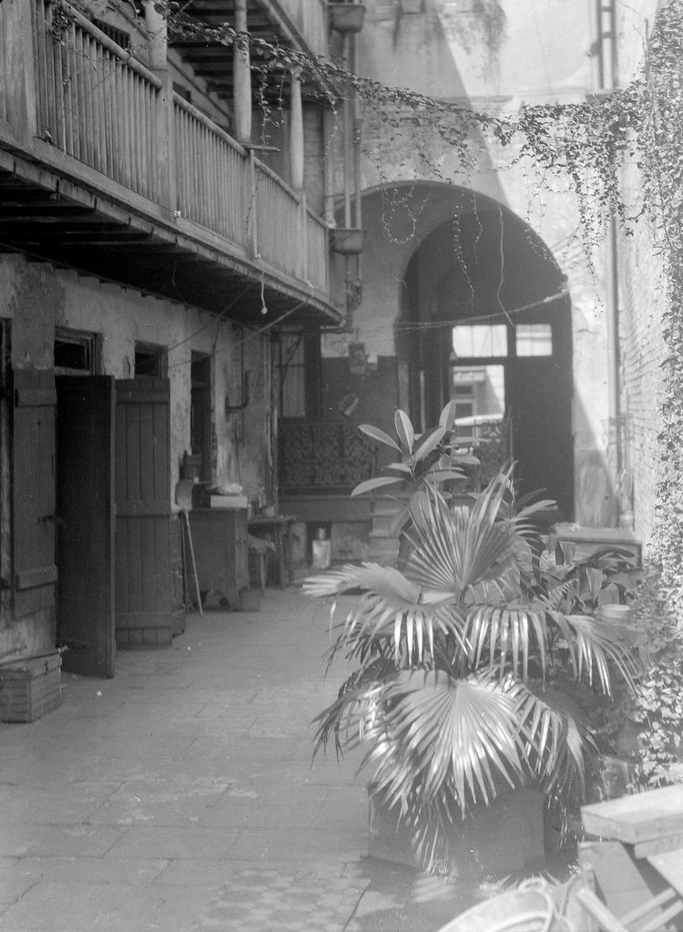 Siyah Beyaz Eski Avlu Manzarası: Tarihi Balkon, Kemerli Geçit ve Avlu Bitkileri