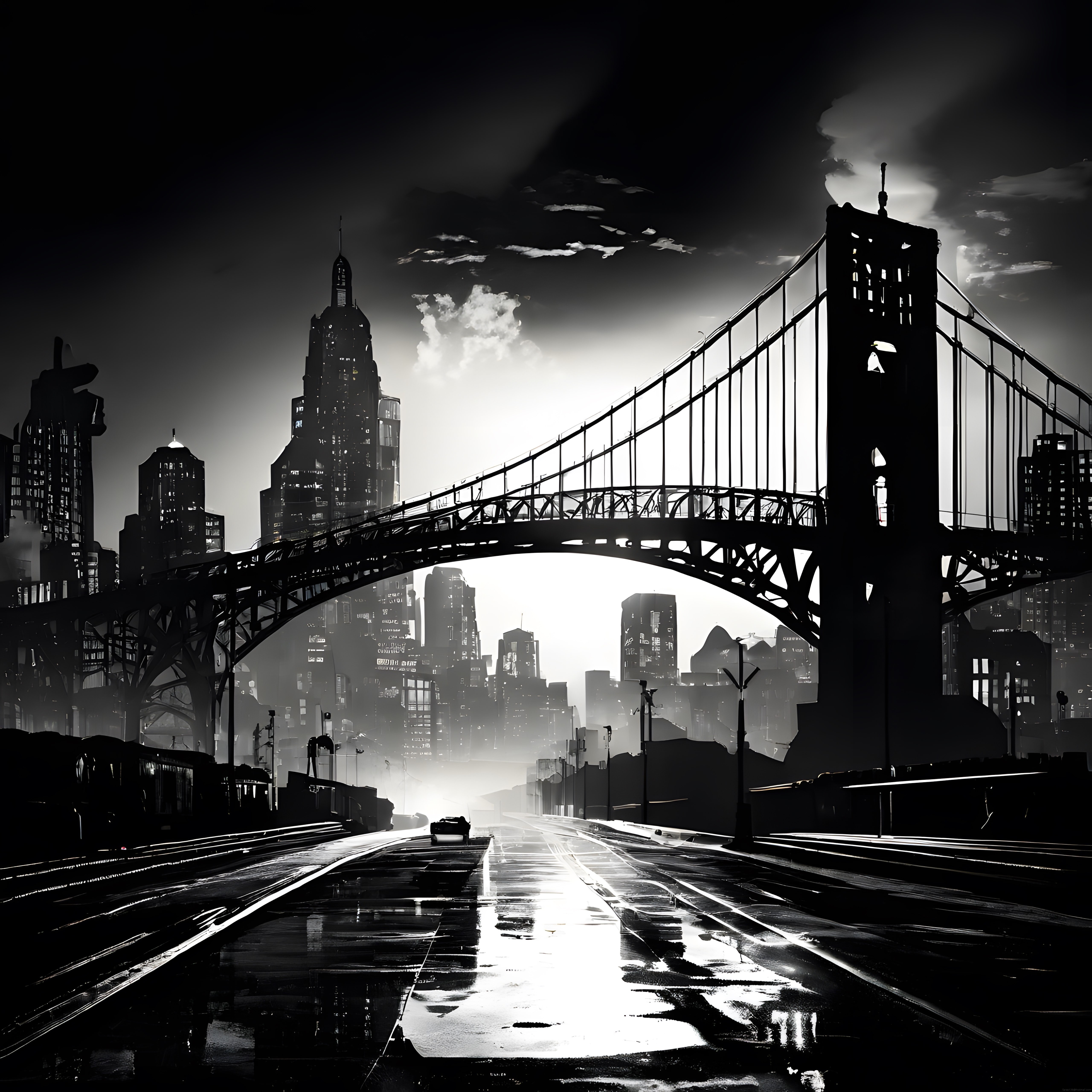 Siyah Beyaz Film Noir Atmosferinde Asma Köprü ve Gökdelen Silueti
