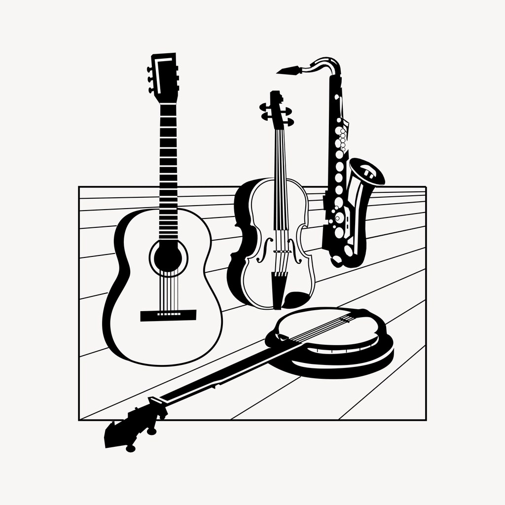 Siyah beyaz gitar keman saksafon ve banjo vektör müzik illüstrasyonu