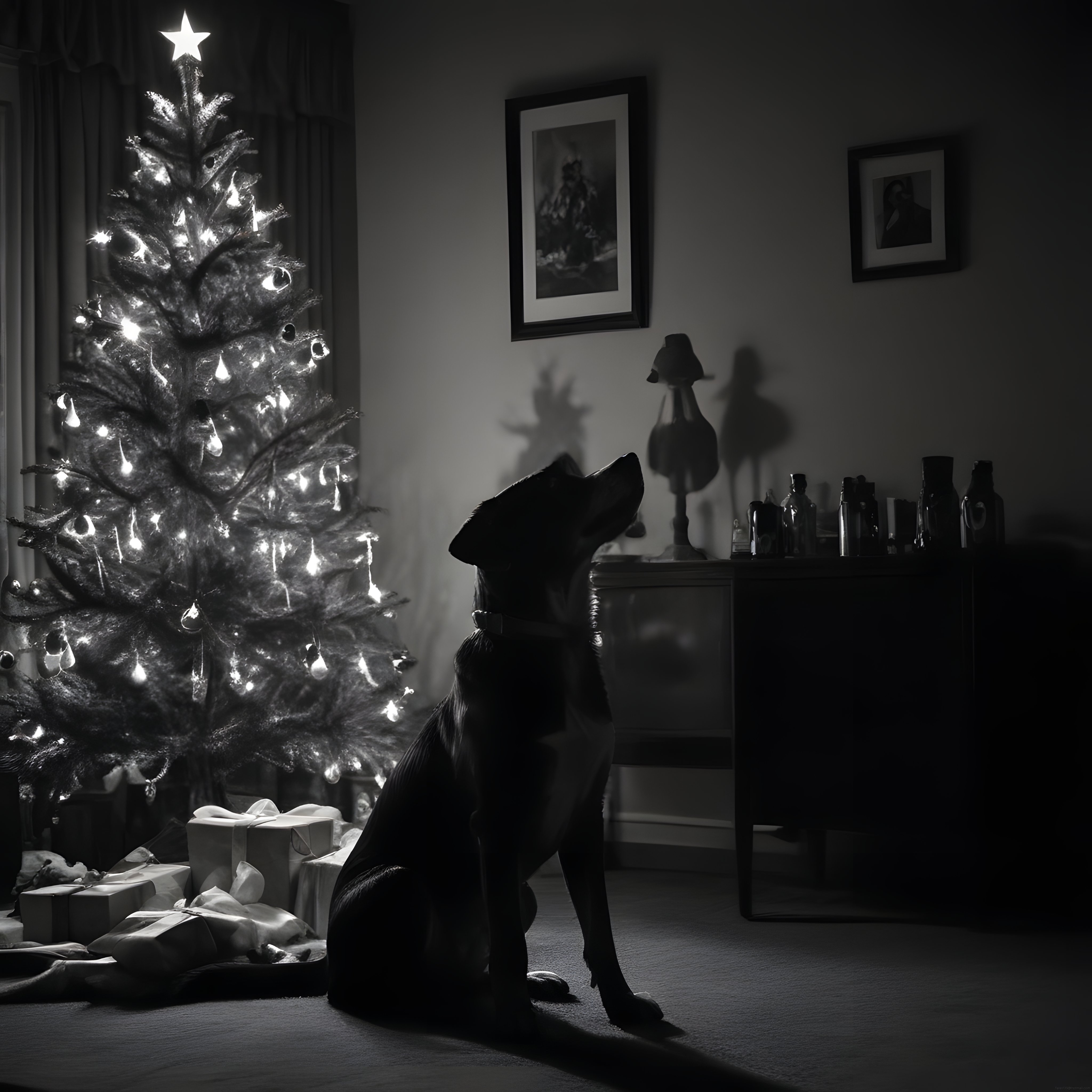 Siyah Beyaz Görüntüde Yılbaşı Işıklarıyla Süslenmiş Ağacı Seyreden Köpek