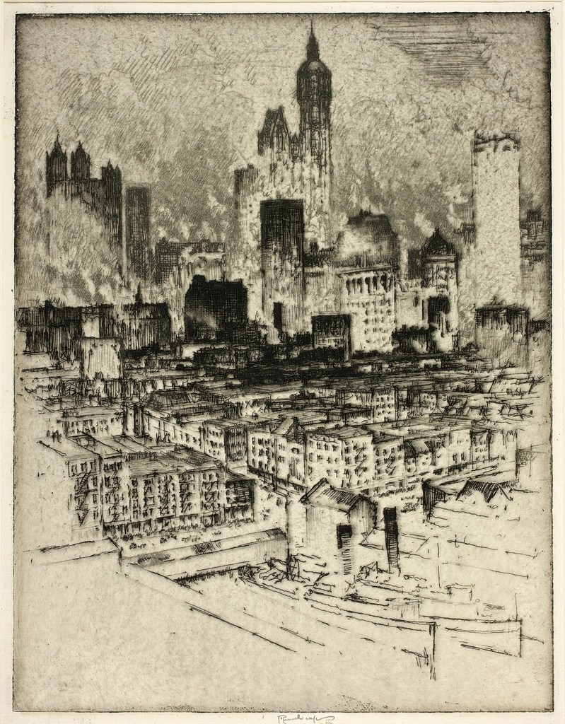 Siyah beyaz gravürle yansıtılmış tarihi şehir silueti ve endüstriyel atmosfer