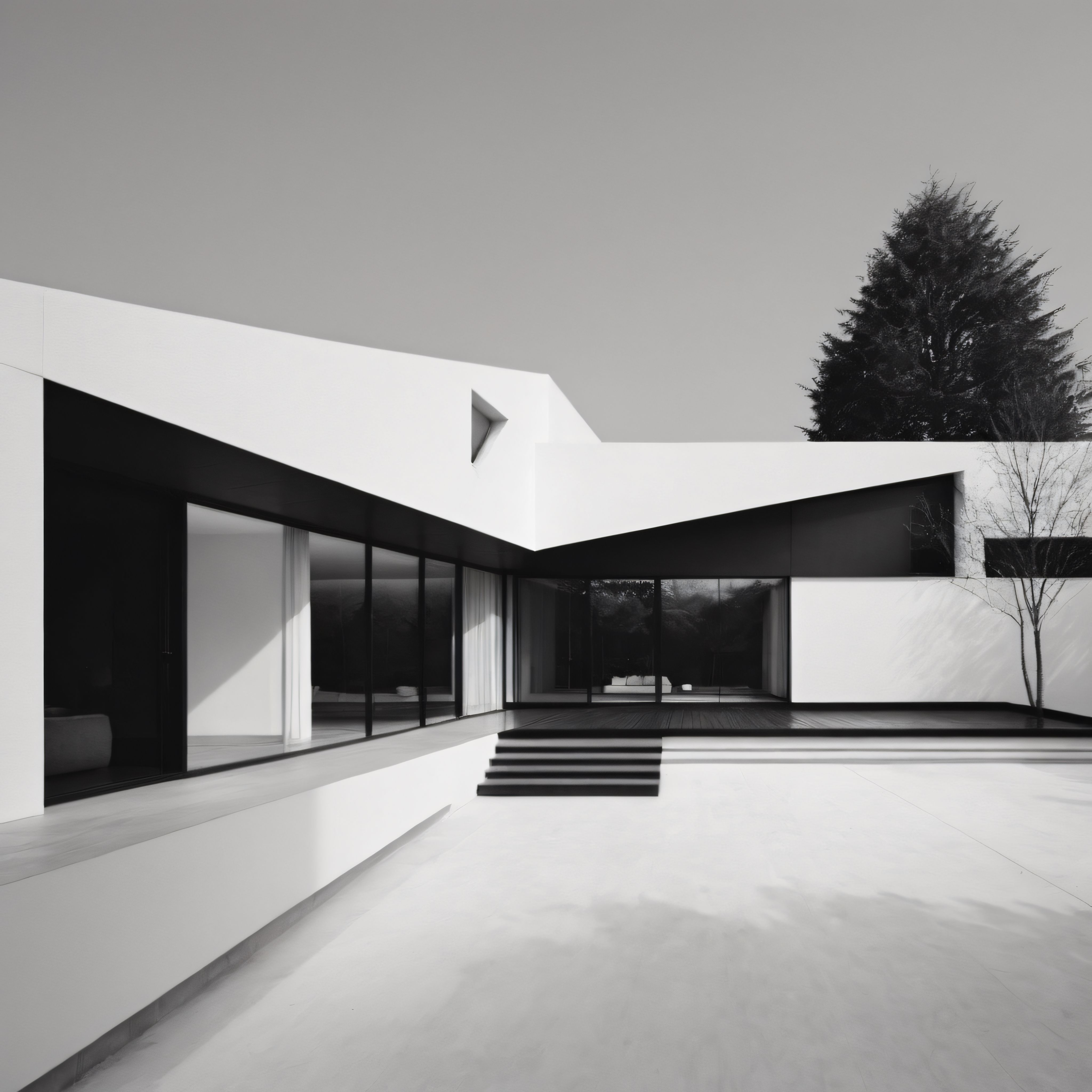 Siyah Beyaz Karede Geometrik Çizgili Modern Minimalist Villa ve Avlu