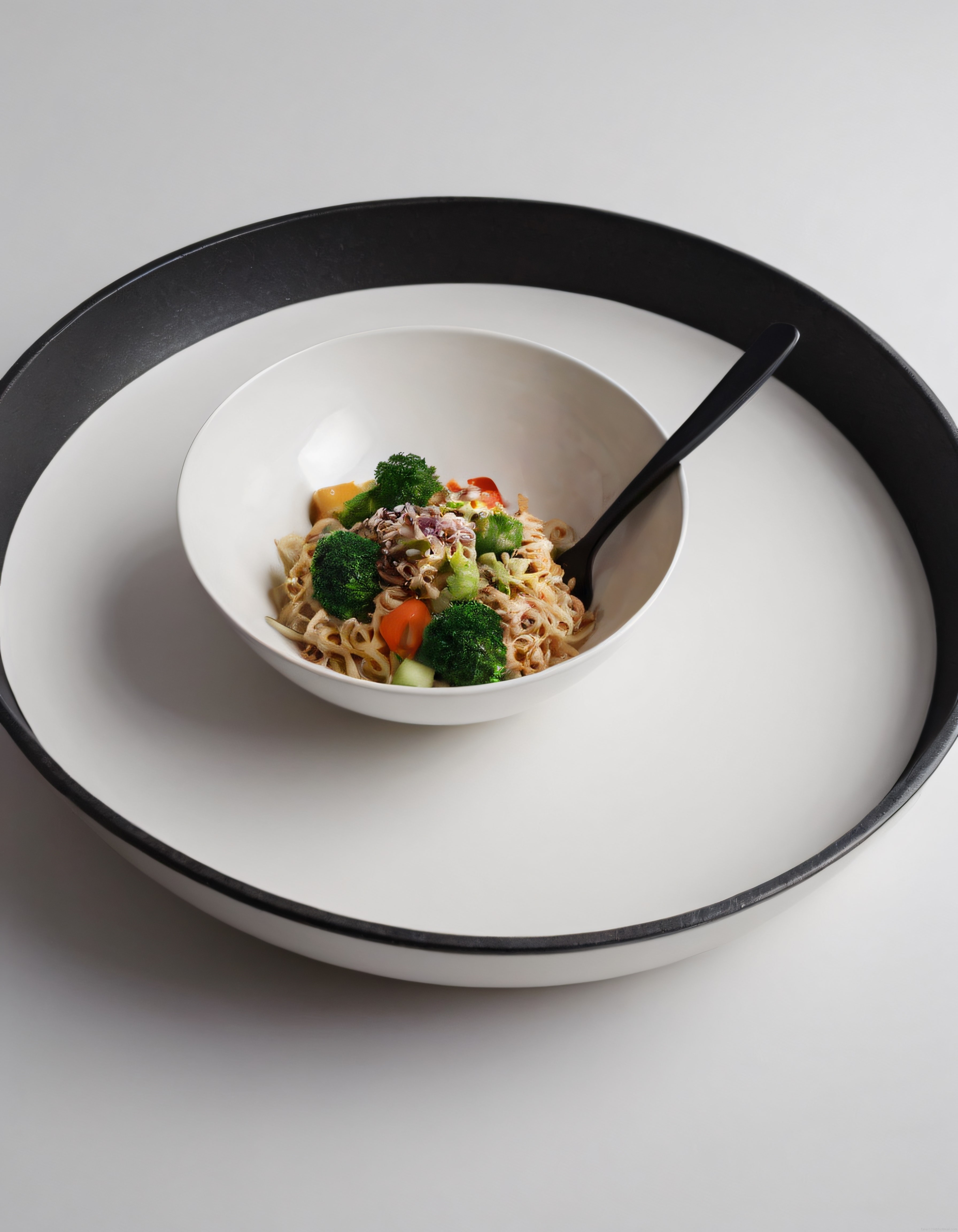 Siyah Beyaz Kontrastta Sebzeli Noodle Kasesi ve Minimal Sunum Stili