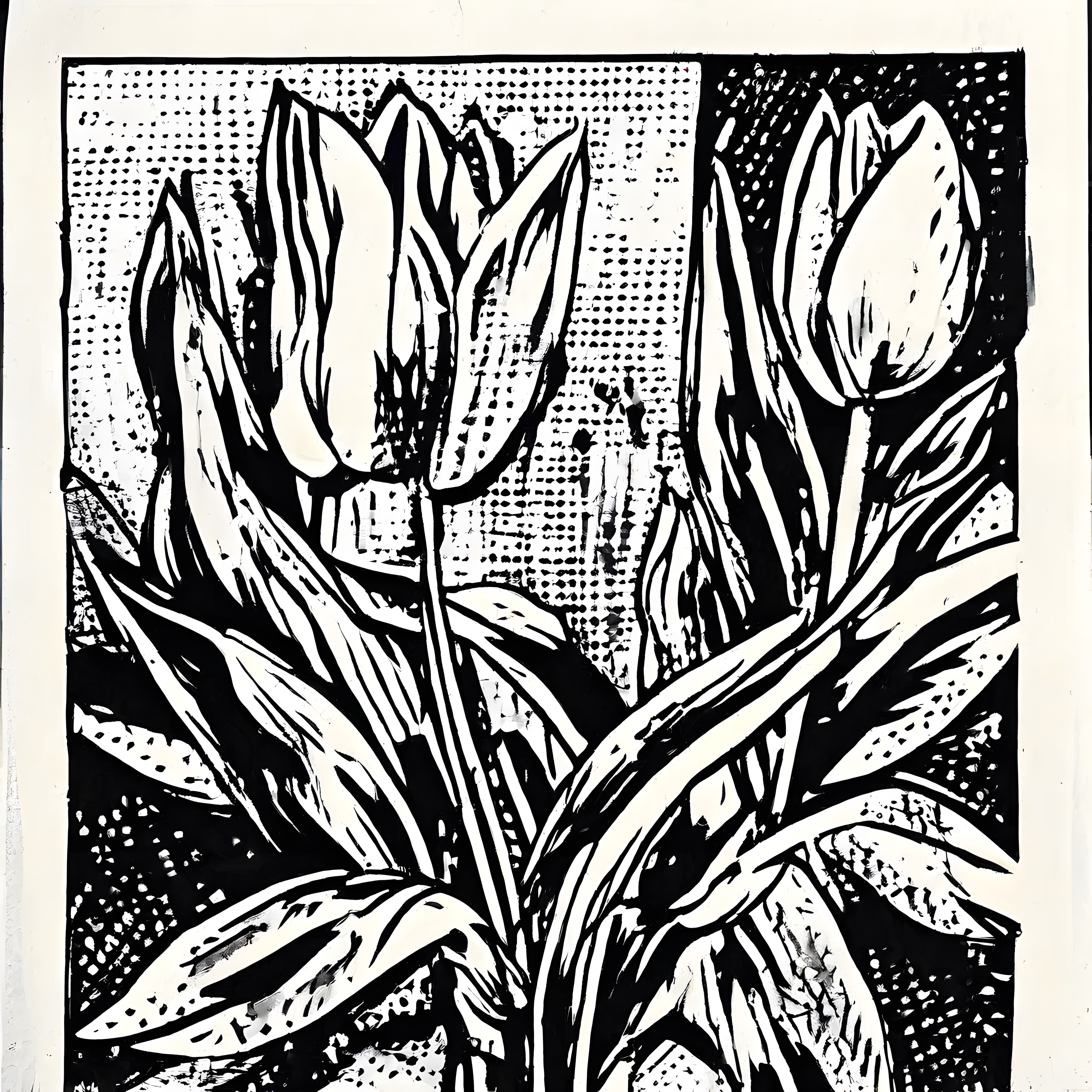 Siyah Beyaz Linocut Baskı Sanatında Lale Çiçekleri ve Botanik Motifler