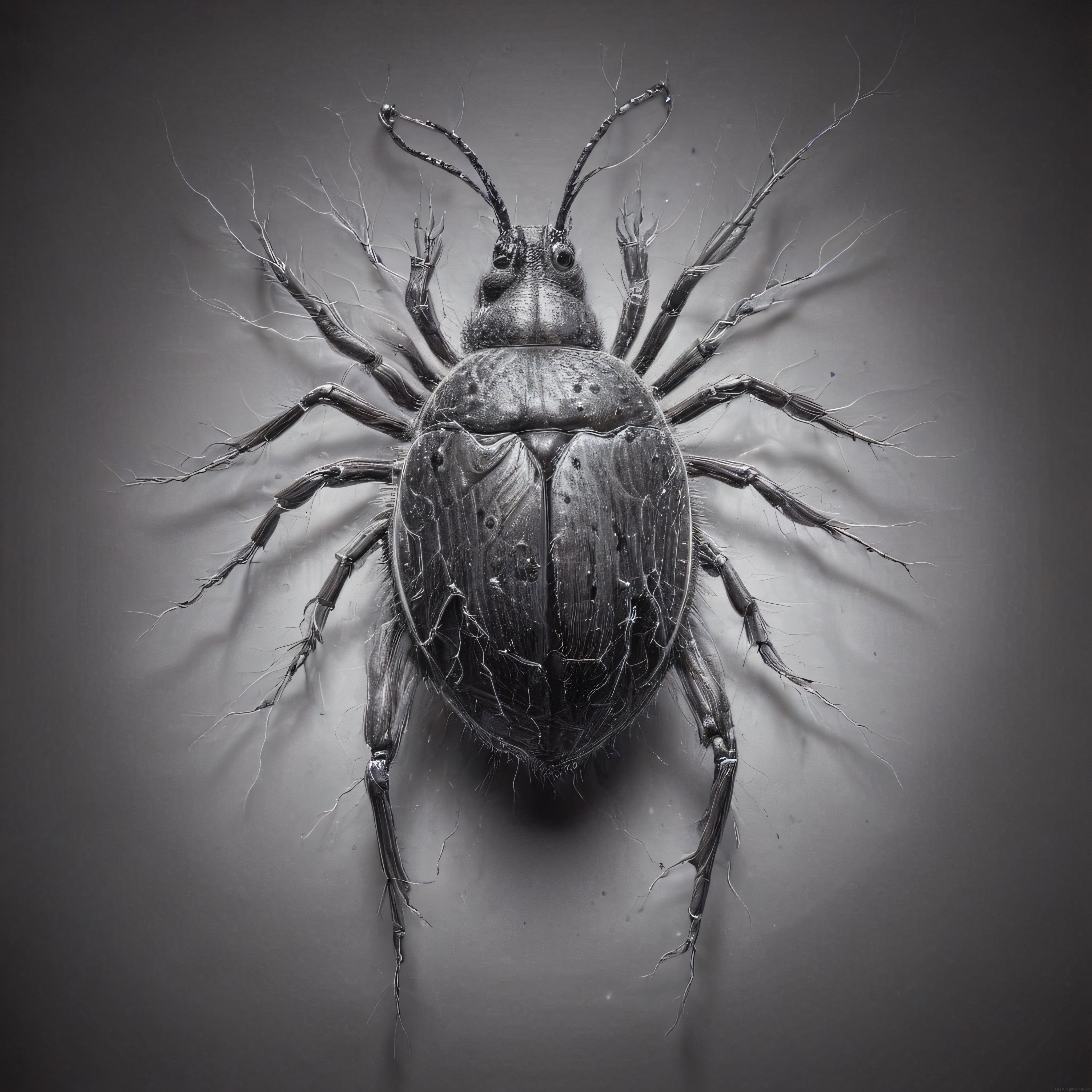 siyah beyaz makro çekimde metalik gövdeli ve detaylı bacaklı carabidae böceği