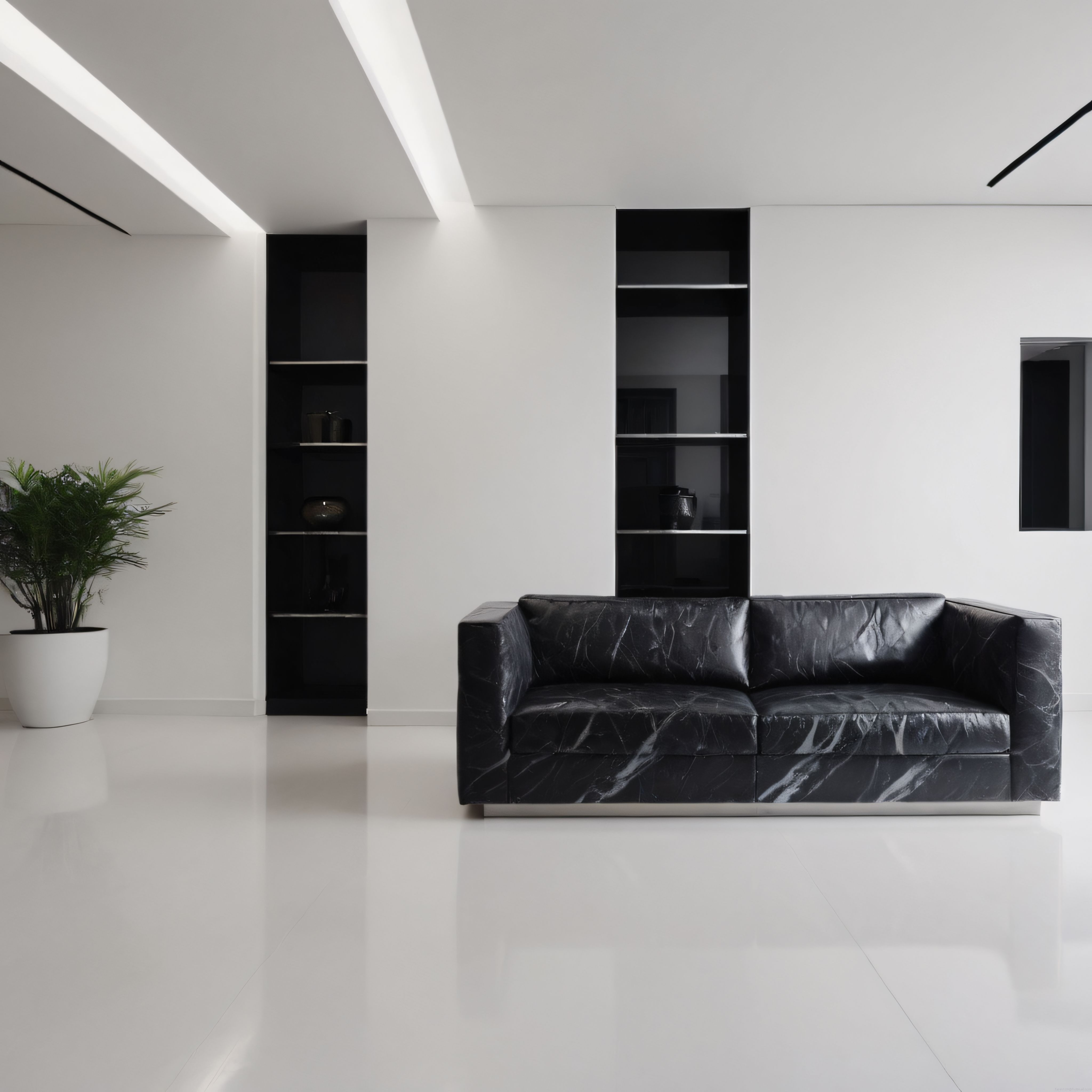 Siyah Beyaz Minimalist Dekorasyonda Deri Kanepe ve Gömme Kitaplık Tasarımı