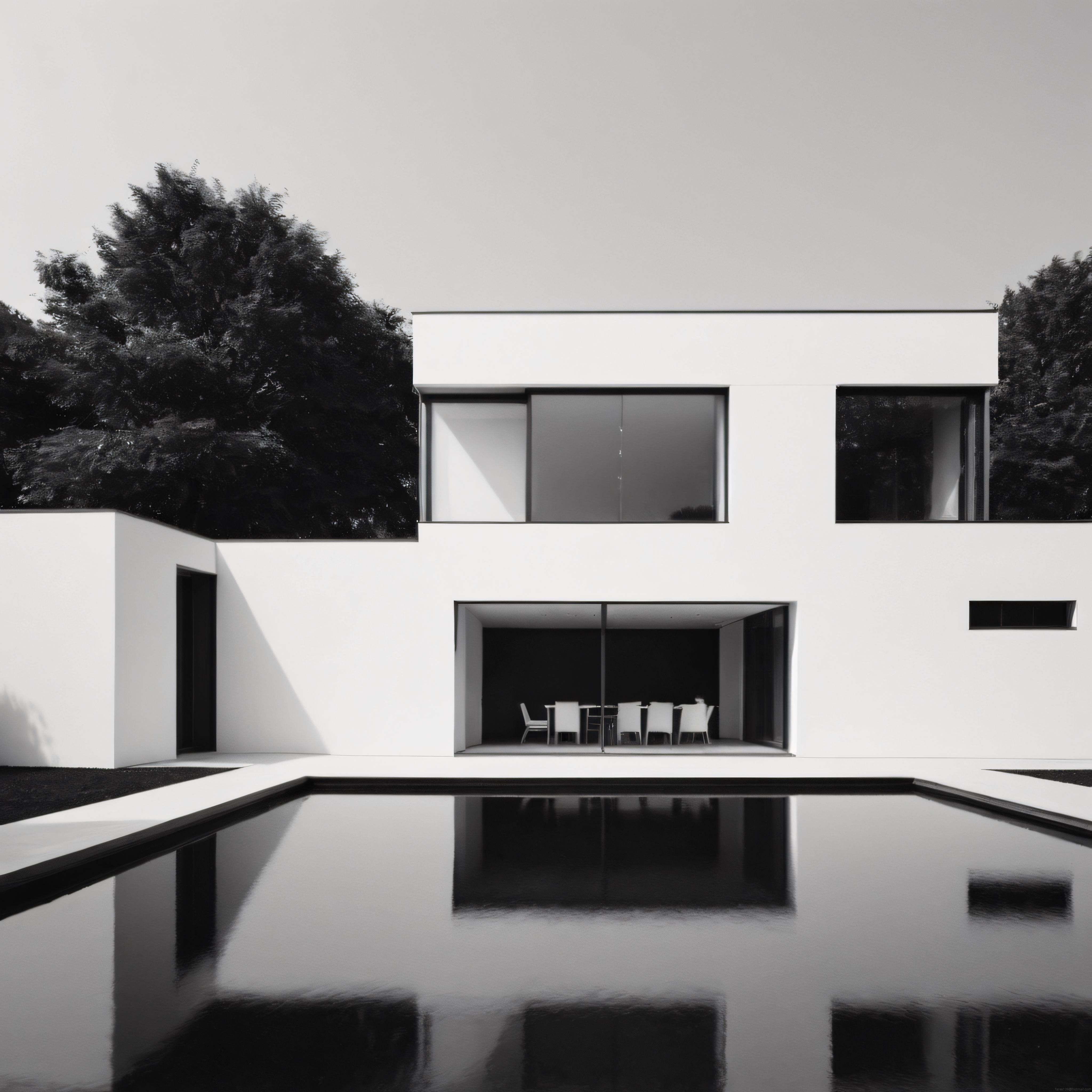 Siyah Beyaz Minimalist Villa: Geometrik Hatlar ve Havuz Yansıması Detayları