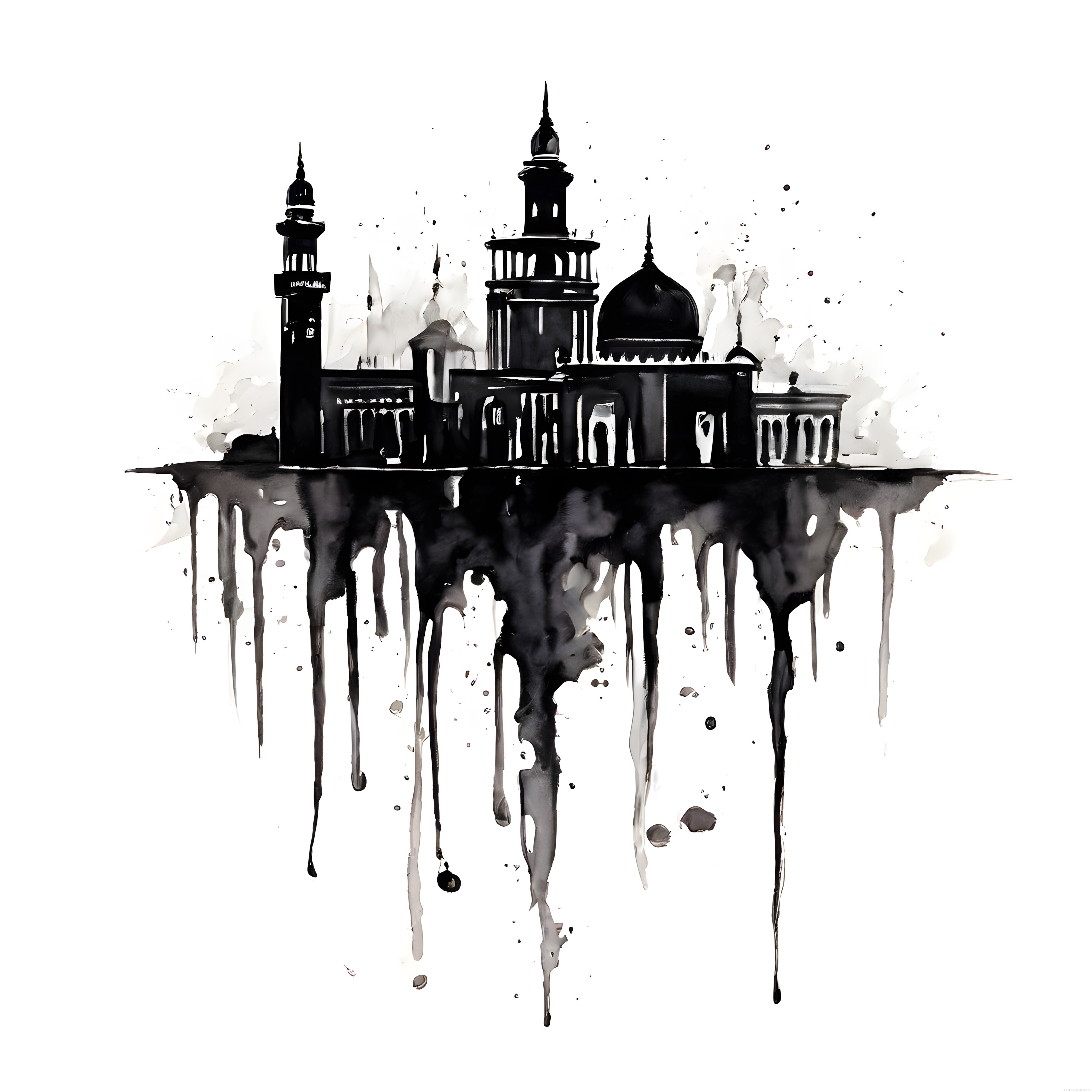Siyah Beyaz Mürekkep Etkisiyle İslami Cami Silüeti ve Modern Sanatsal Dokunuş