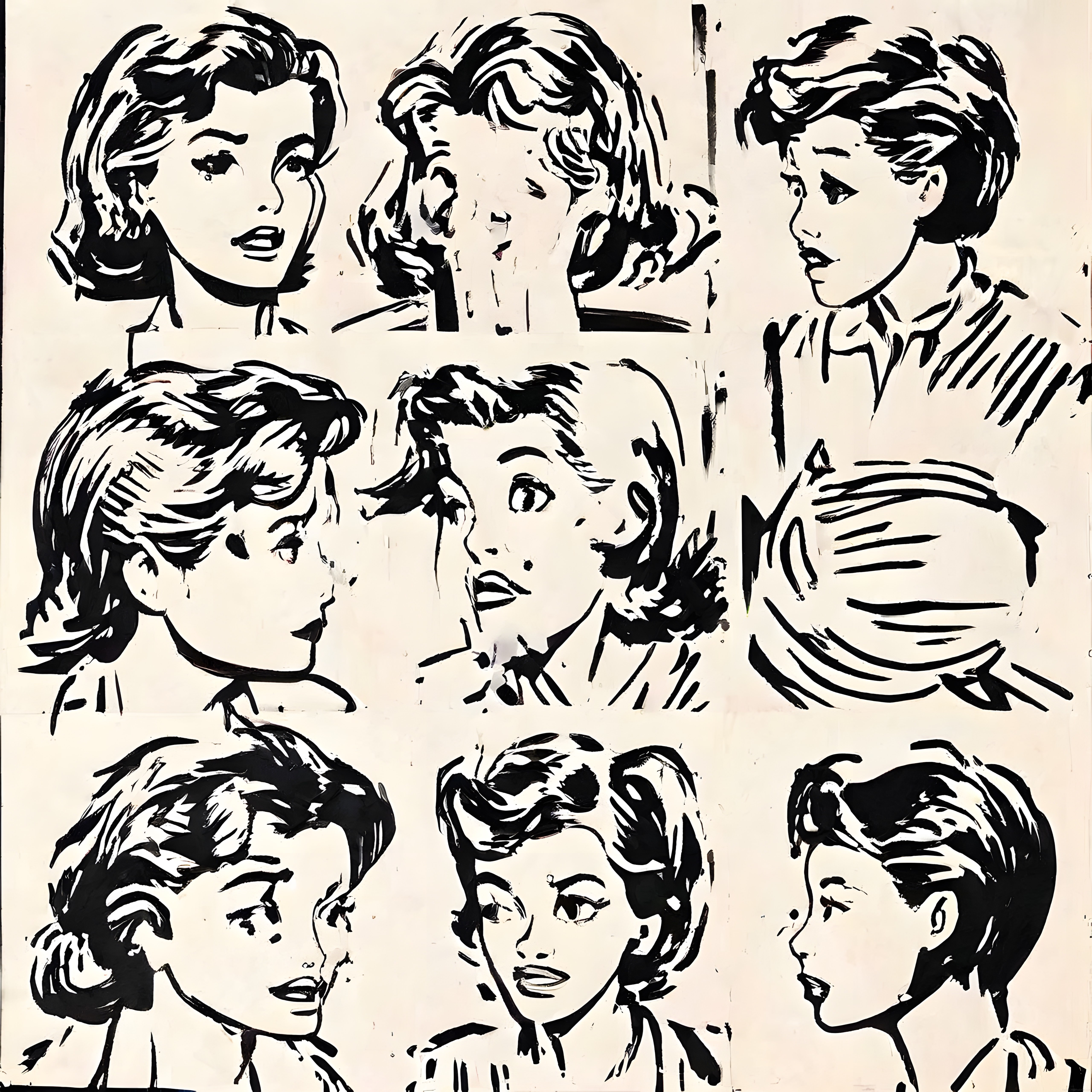 siyah beyaz pop art dokuzlu portre kompozisyonu ve grafik sanat çalışması