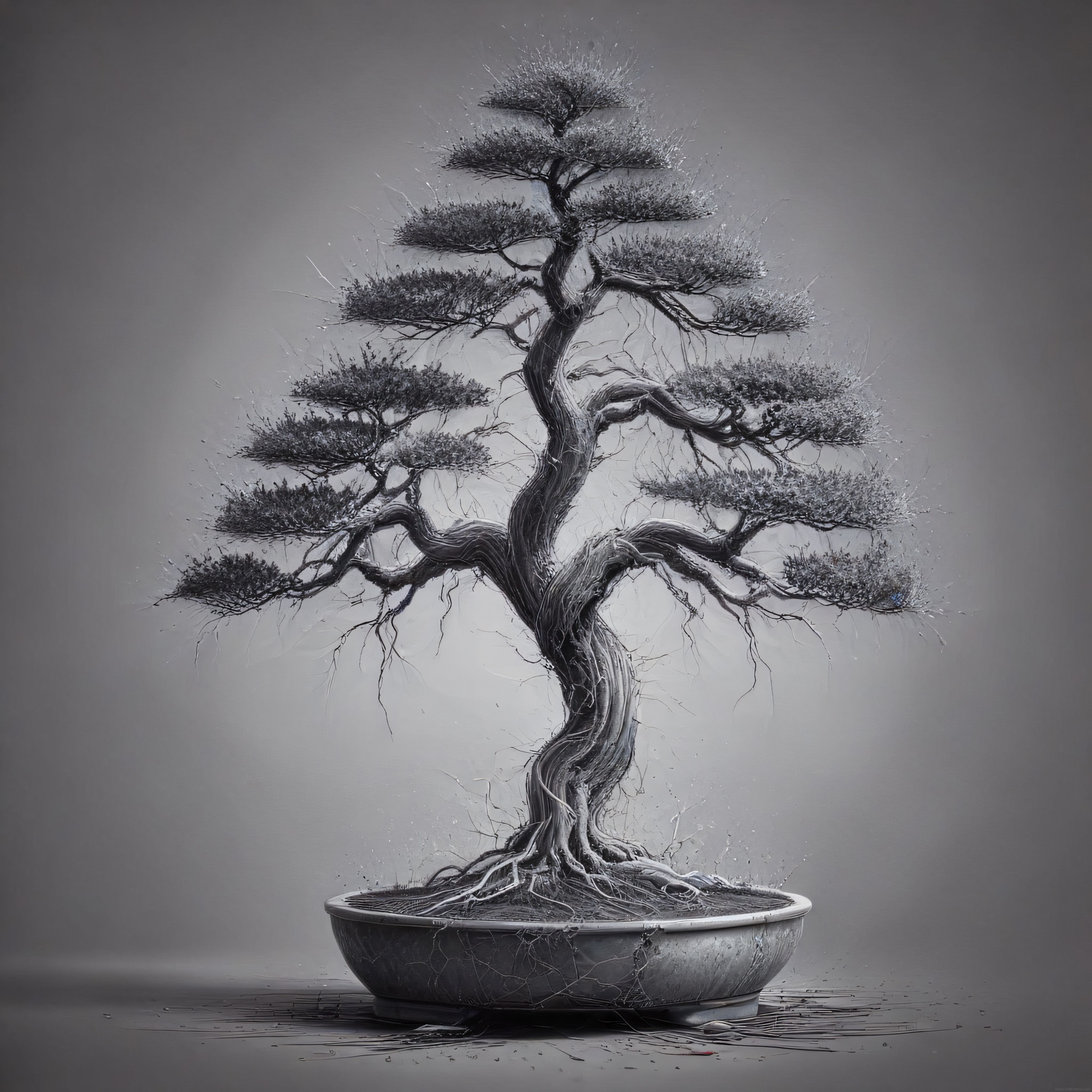 Siyah Beyaz Sanatsal Bonsai Ağacı Detay Çekimi ve Minimalist Arka Plan