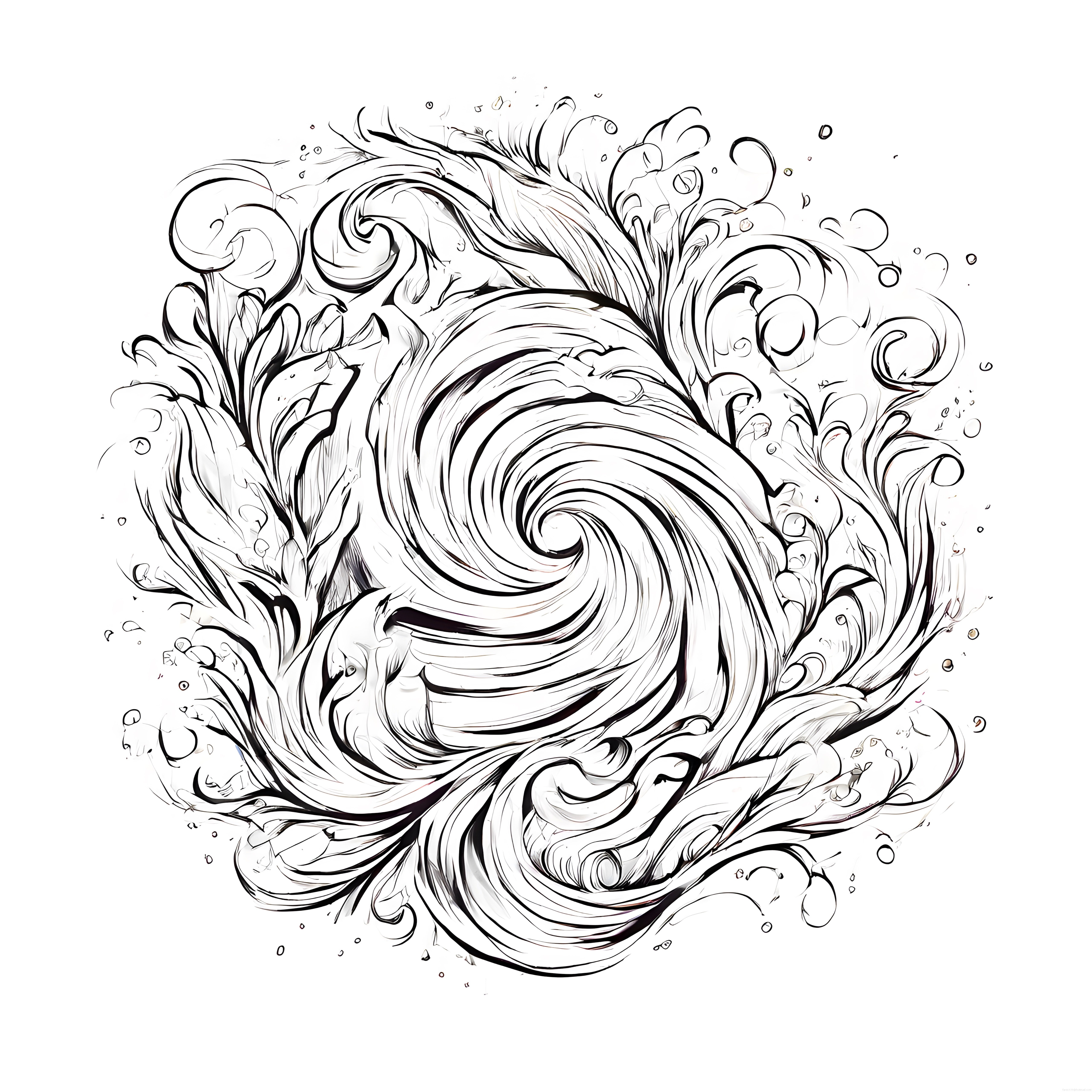 Siyah beyaz soyut mürekkep dalgaları ve spiral hareketli çizim sanatı