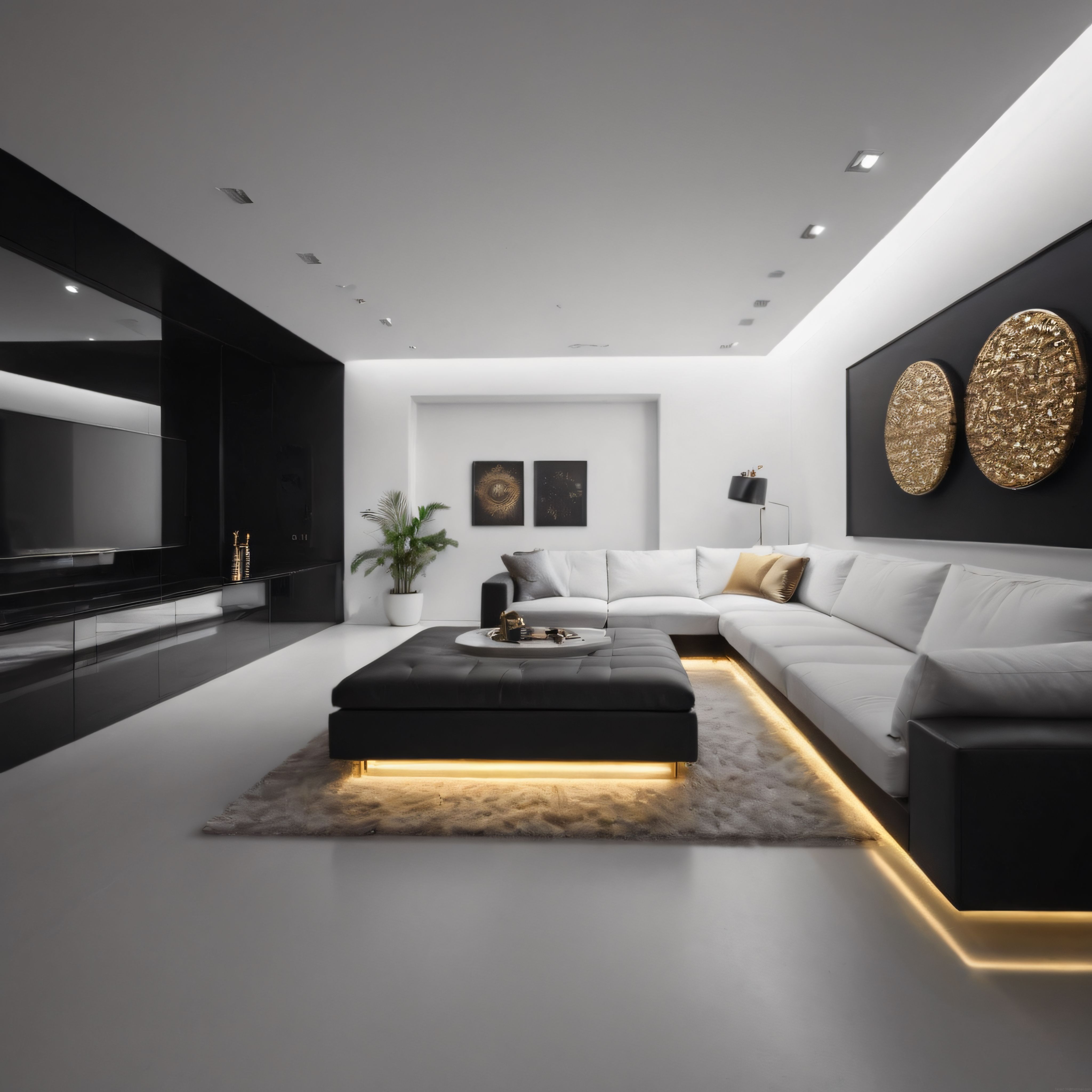 Siyah Beyaz ve Altın Detaylarla Modern Lüks Oturma Odası Dekorasyonu