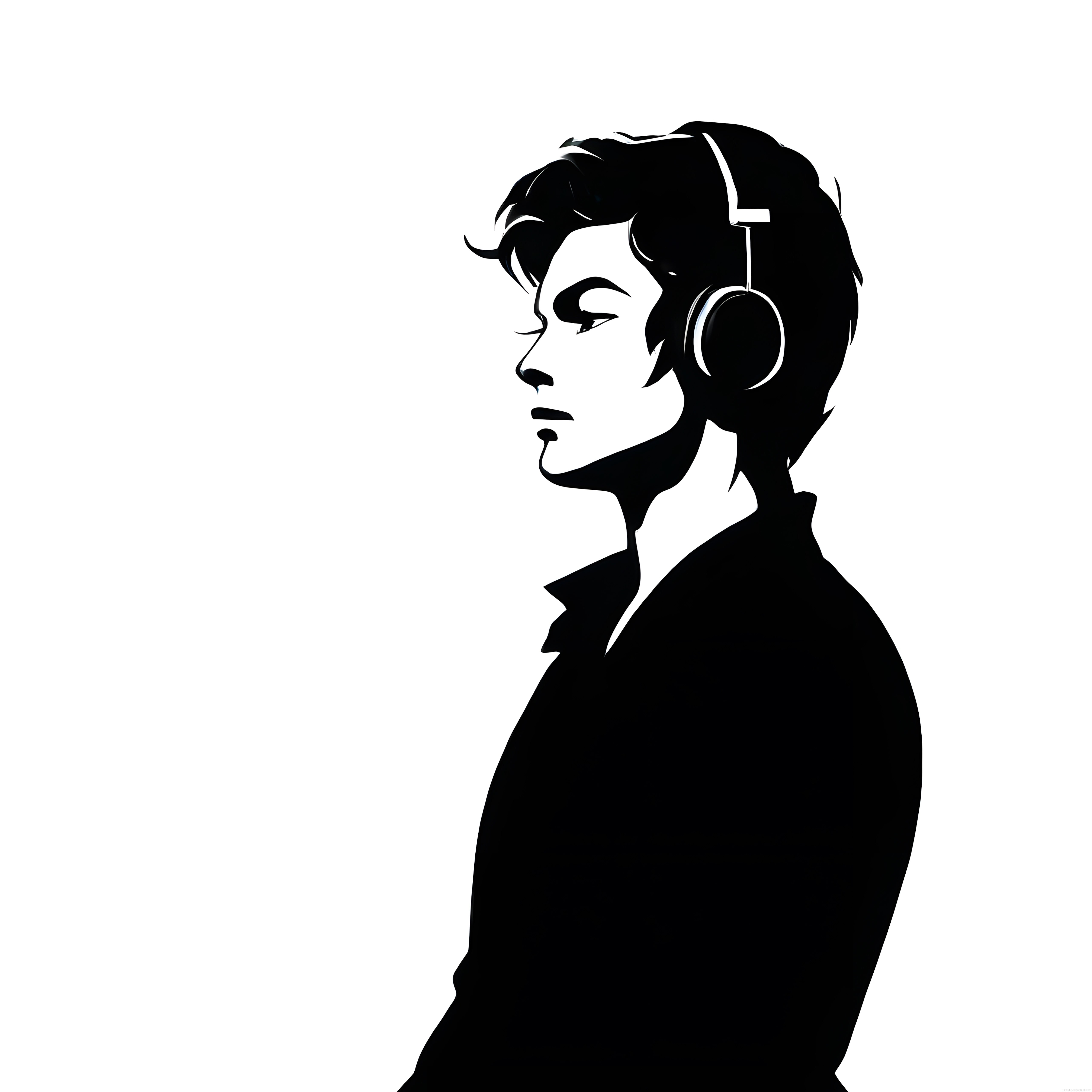 siyah beyaz vektör illüstrasyonda kulaklıkla müzik dinleyen genç adam