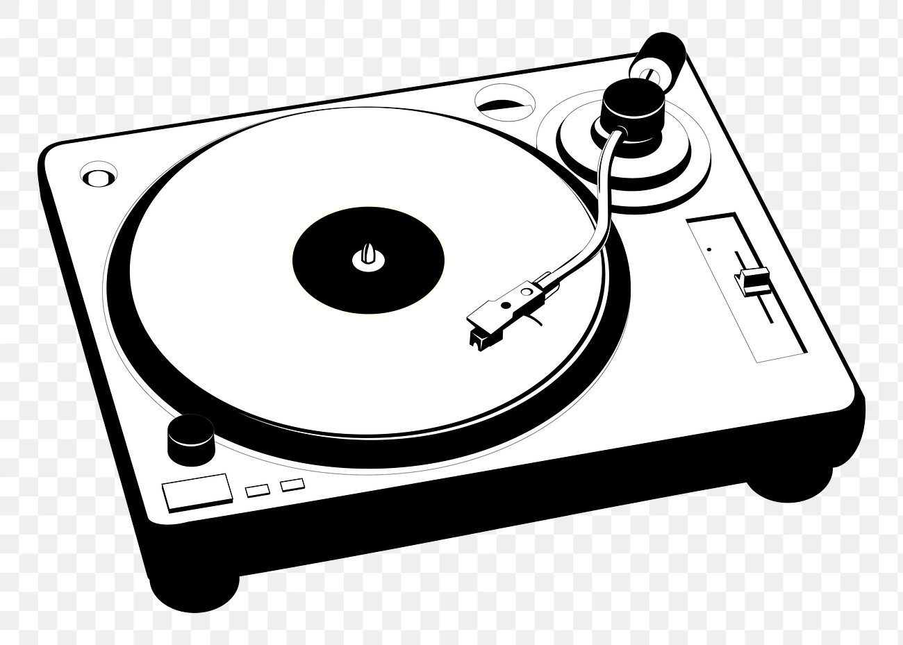 Siyah Beyaz Vektörel Pikap Çizimi: Retro Plak Çalar ve Analog Müzik Cihazı