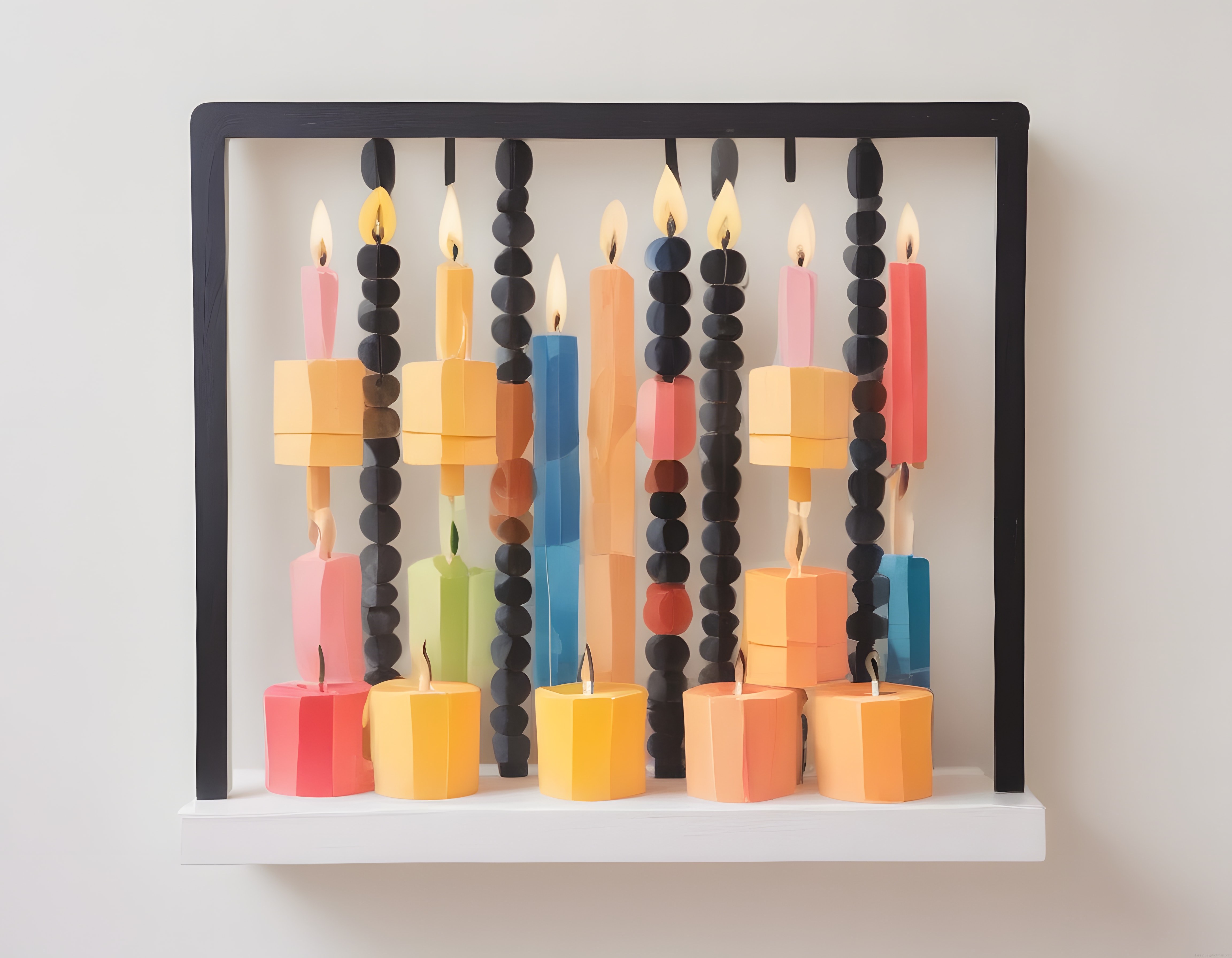 Siyah Çerçevede Geometrik Mumlar: Minimalist Dekoratif Sanat ve Pastel Renkler
