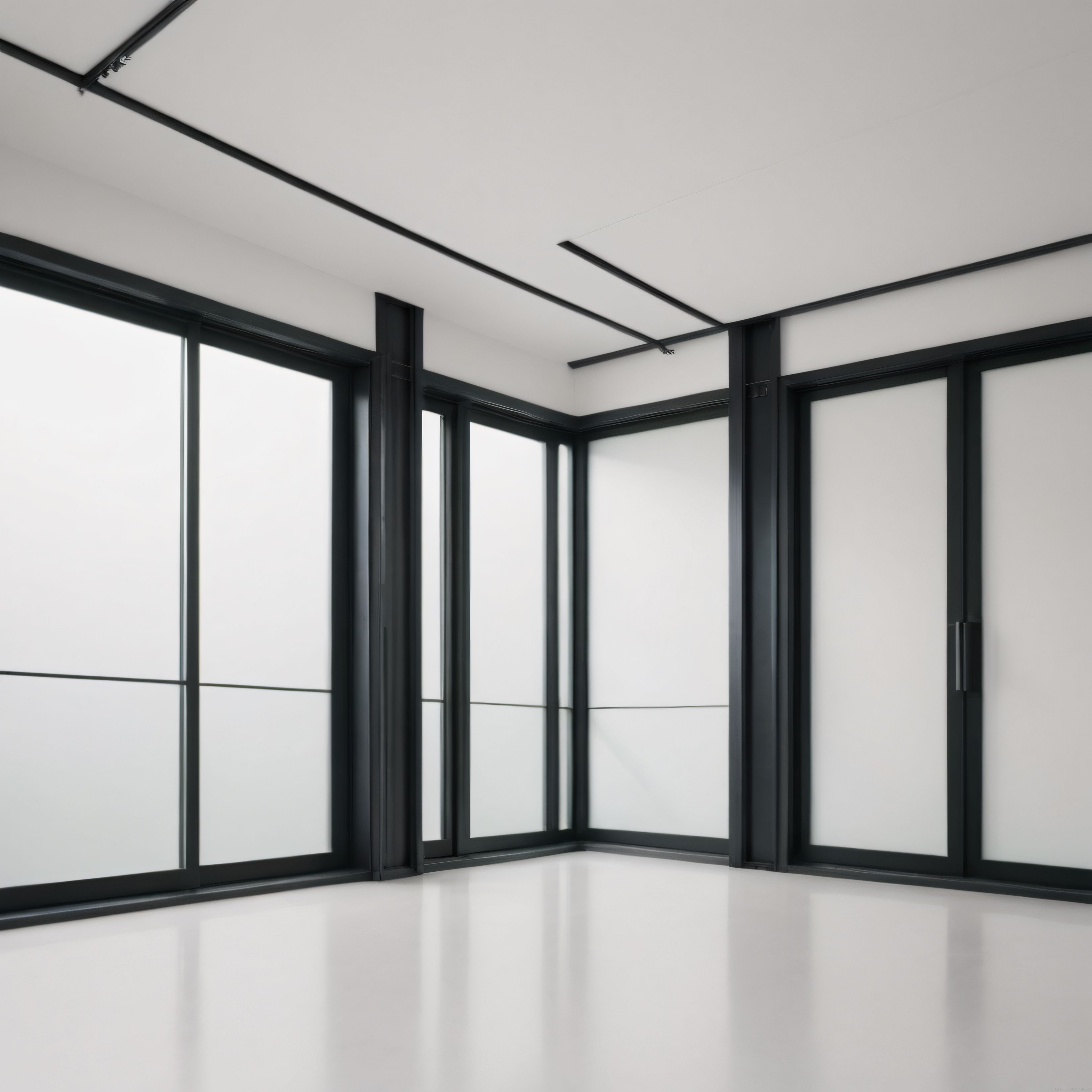 Siyah Çerçeveli Cam Duvarlı Modern ve Minimalist Boş İç Mekan Tasarımı