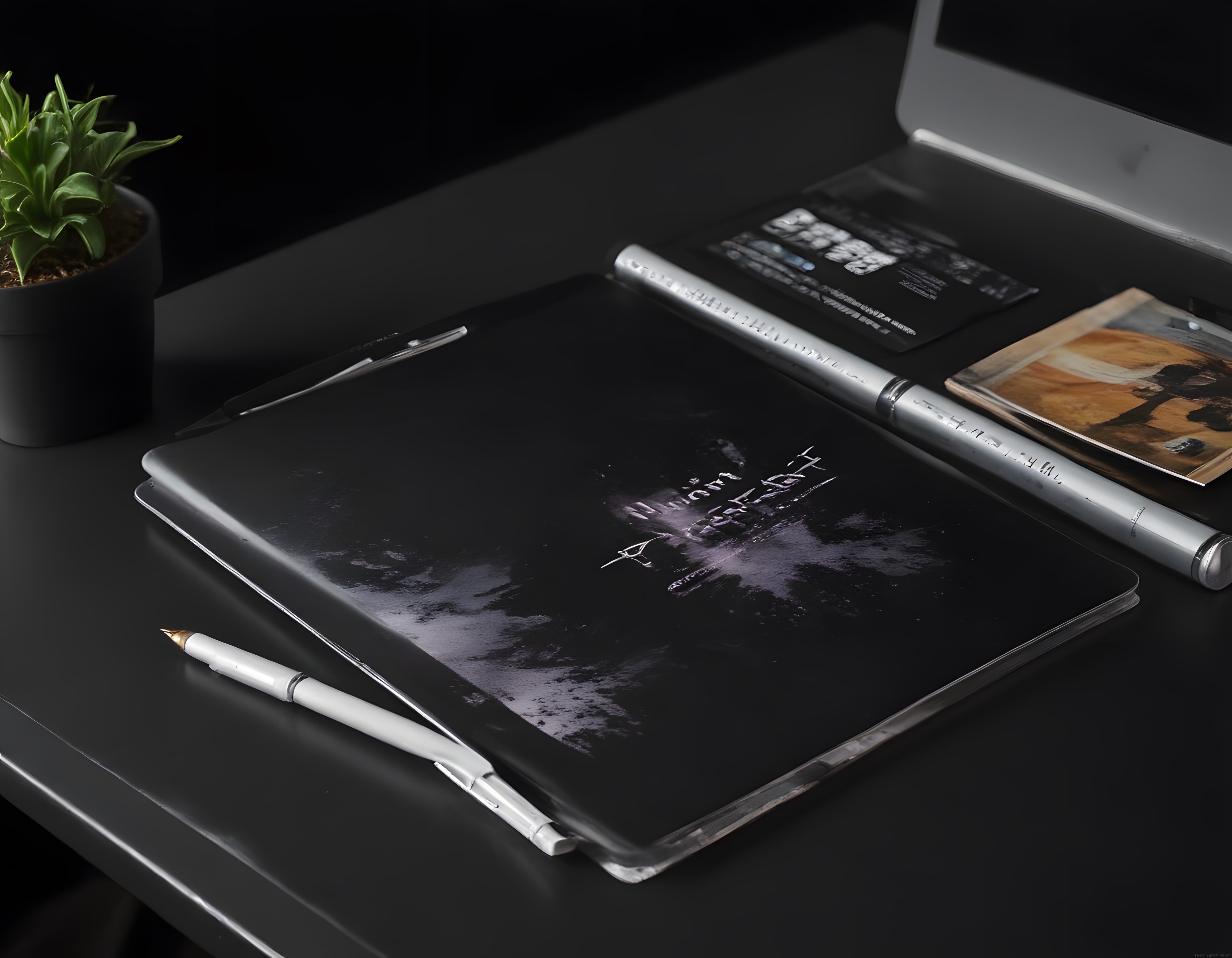 Siyah Defter ve Gümüş Kalemle Minimalist Karanlık Çalışma Masası Düzeni