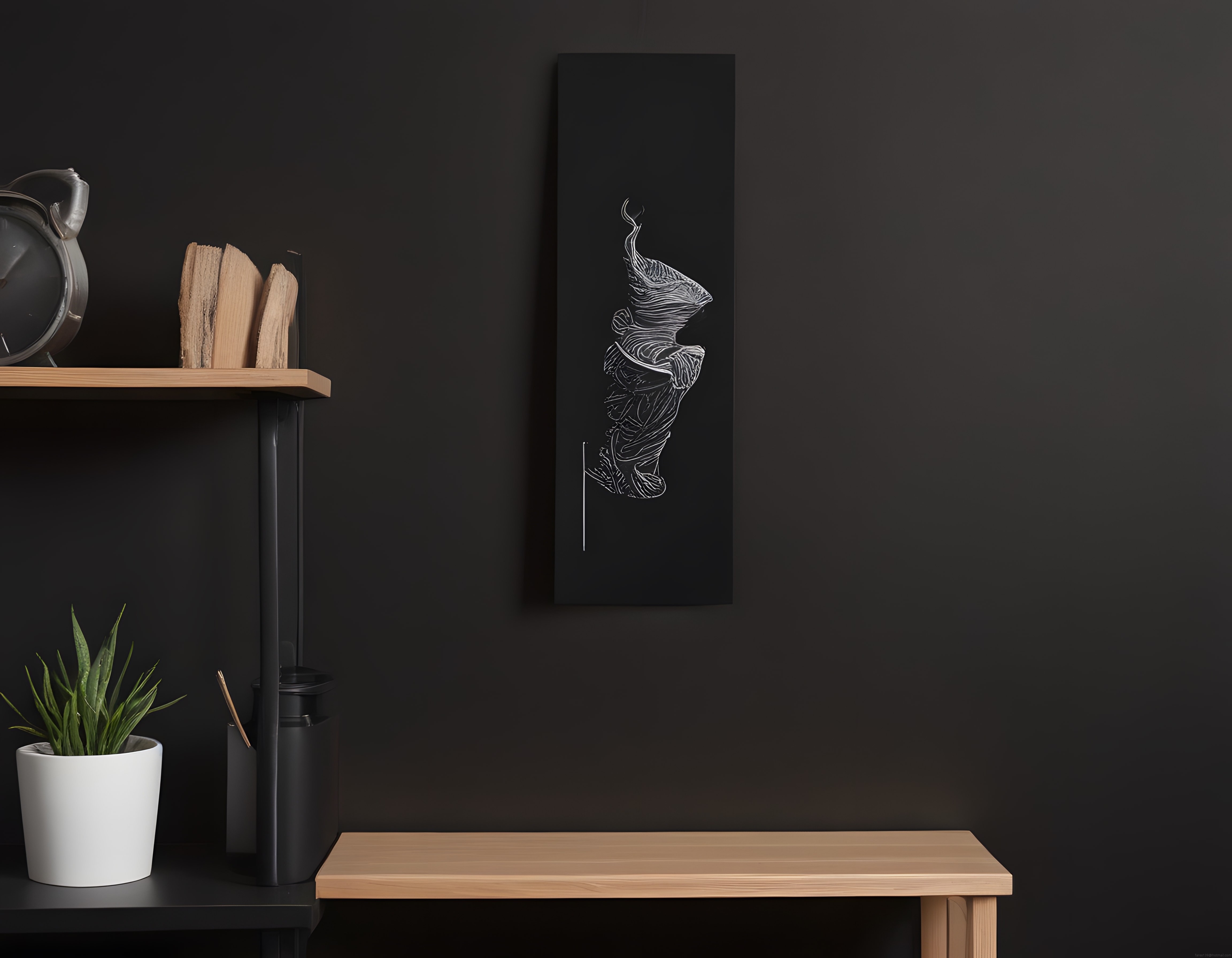 Siyah duvardaki soyut çizim tablosuyla modern ve minimalist oda dekorasyonu