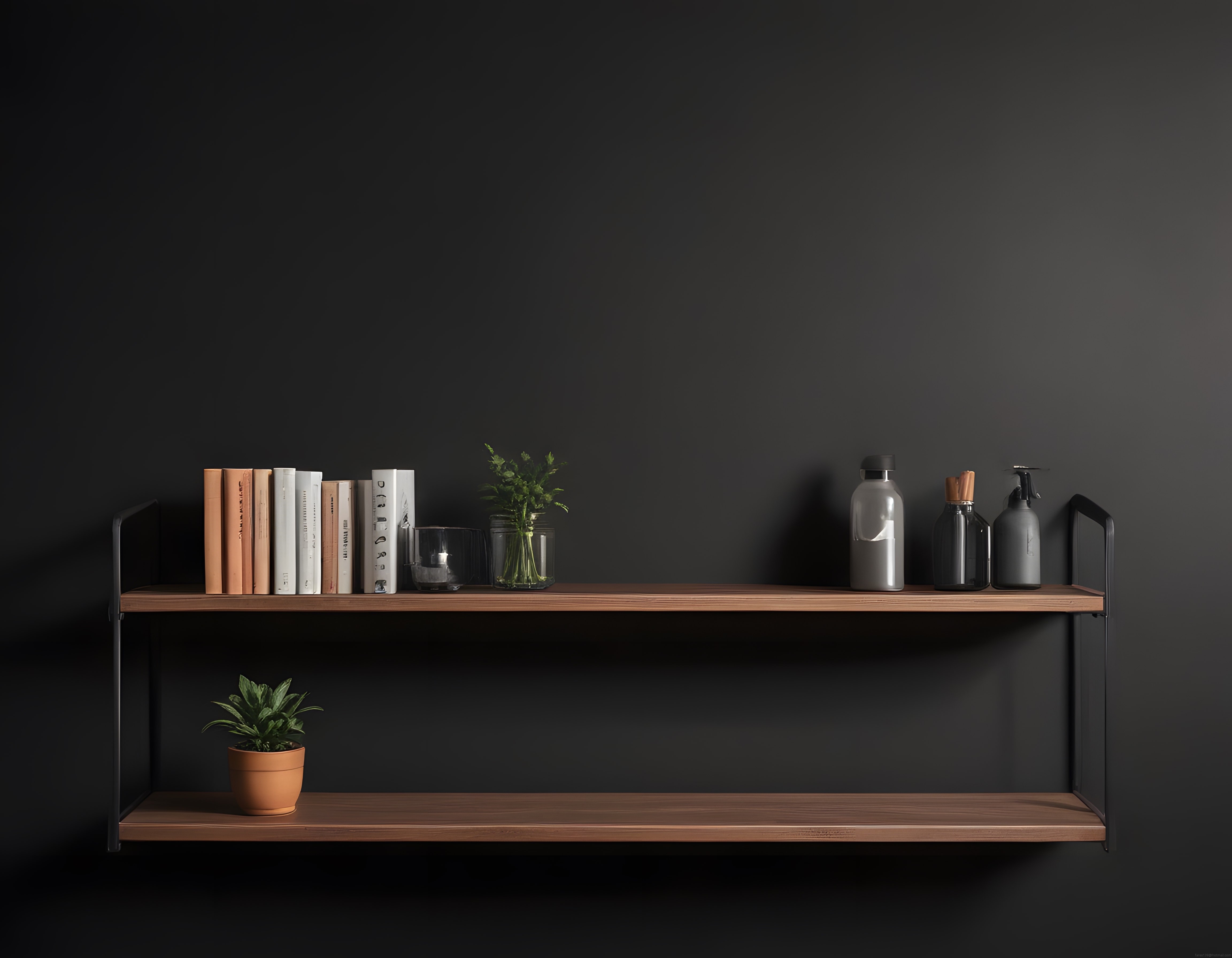 Siyah Duvarlı Minimalist İç Mekan: Modern Ahşap Raflar ve Şık Aksesuarlar