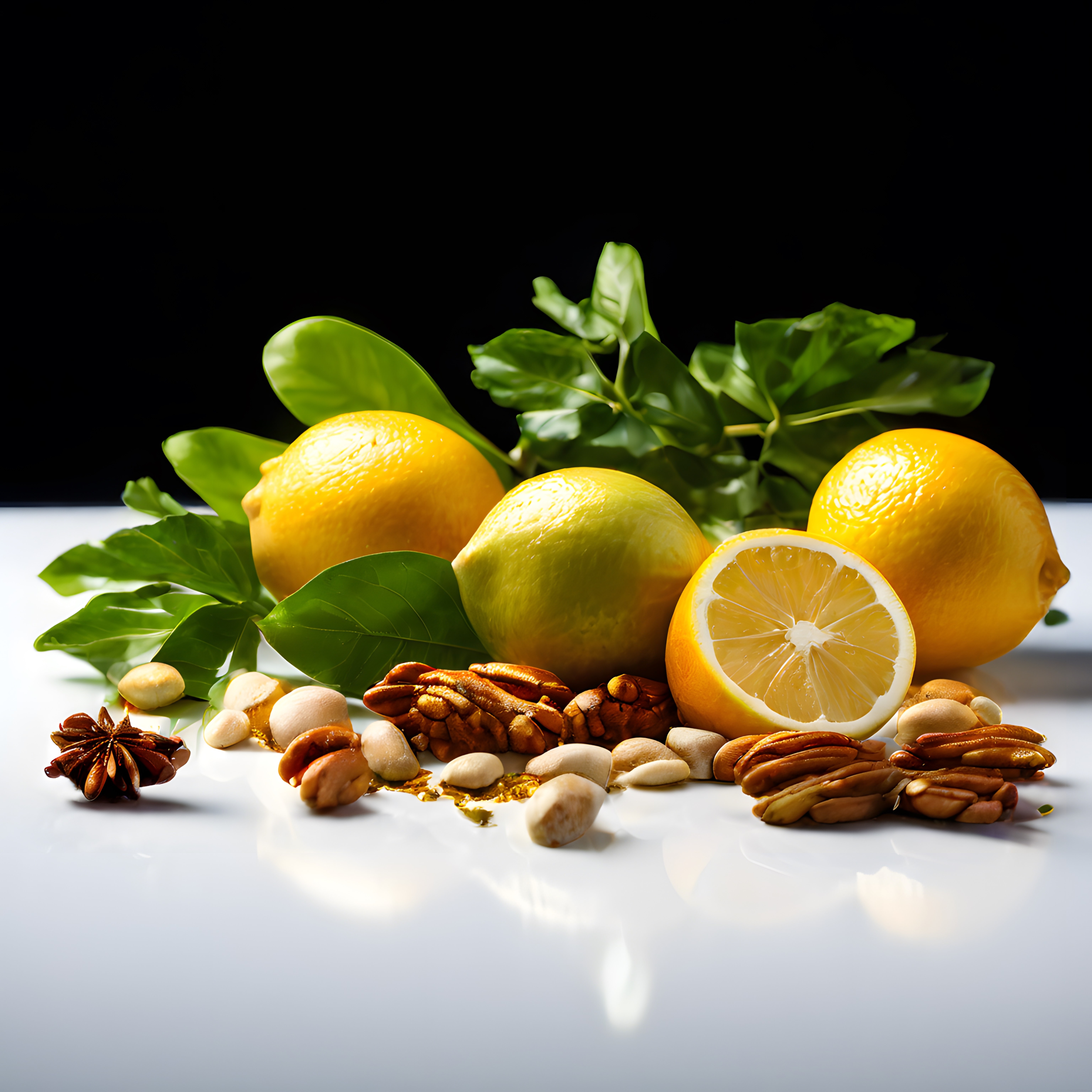 Siyah fon üzerinde beyaz zeminde taze limonlar ve çeşitli kuruyemişler