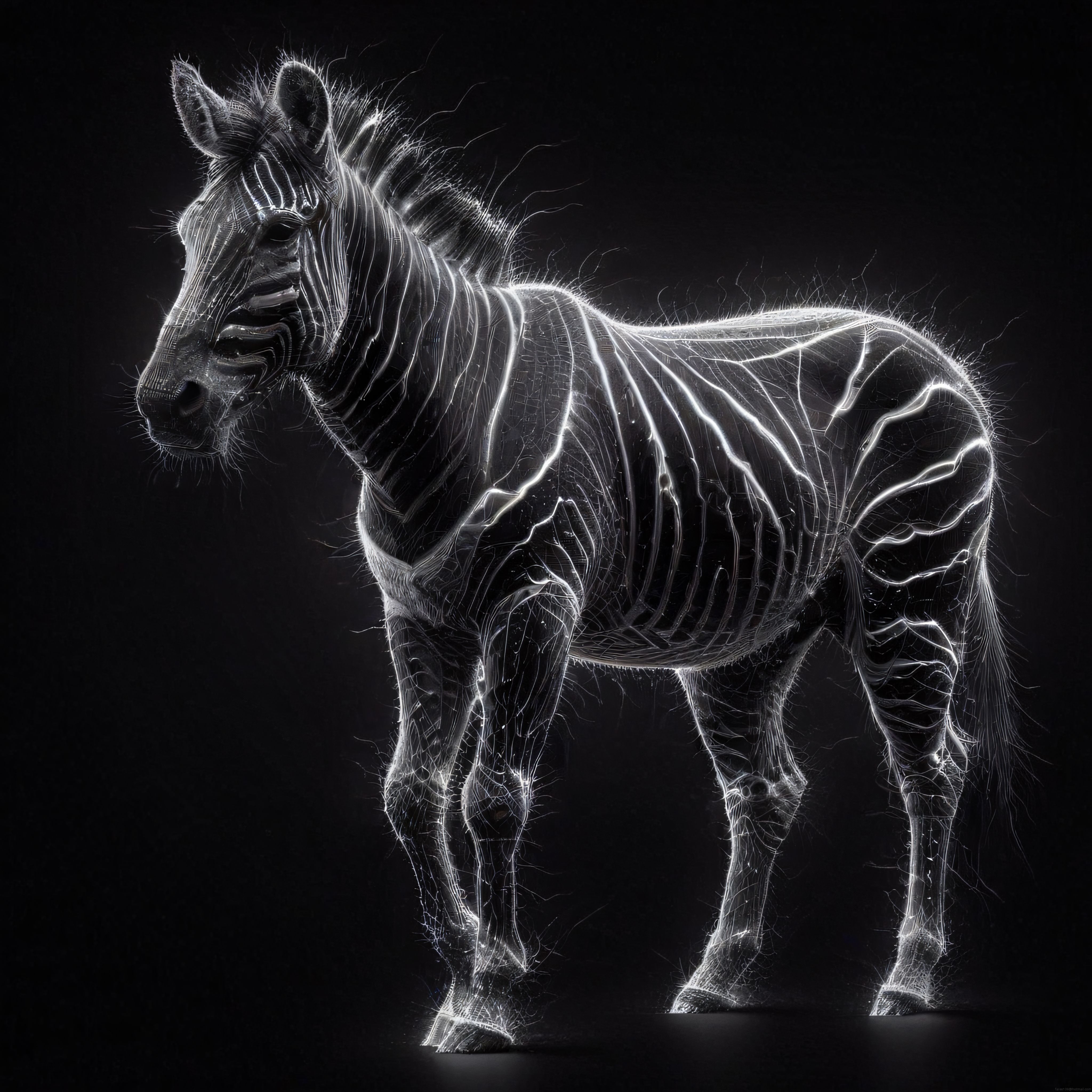 Siyah Fon Üzerinde Işık Telleriyle Dokunmuş Zebra: Dijital Sanat Çalışması