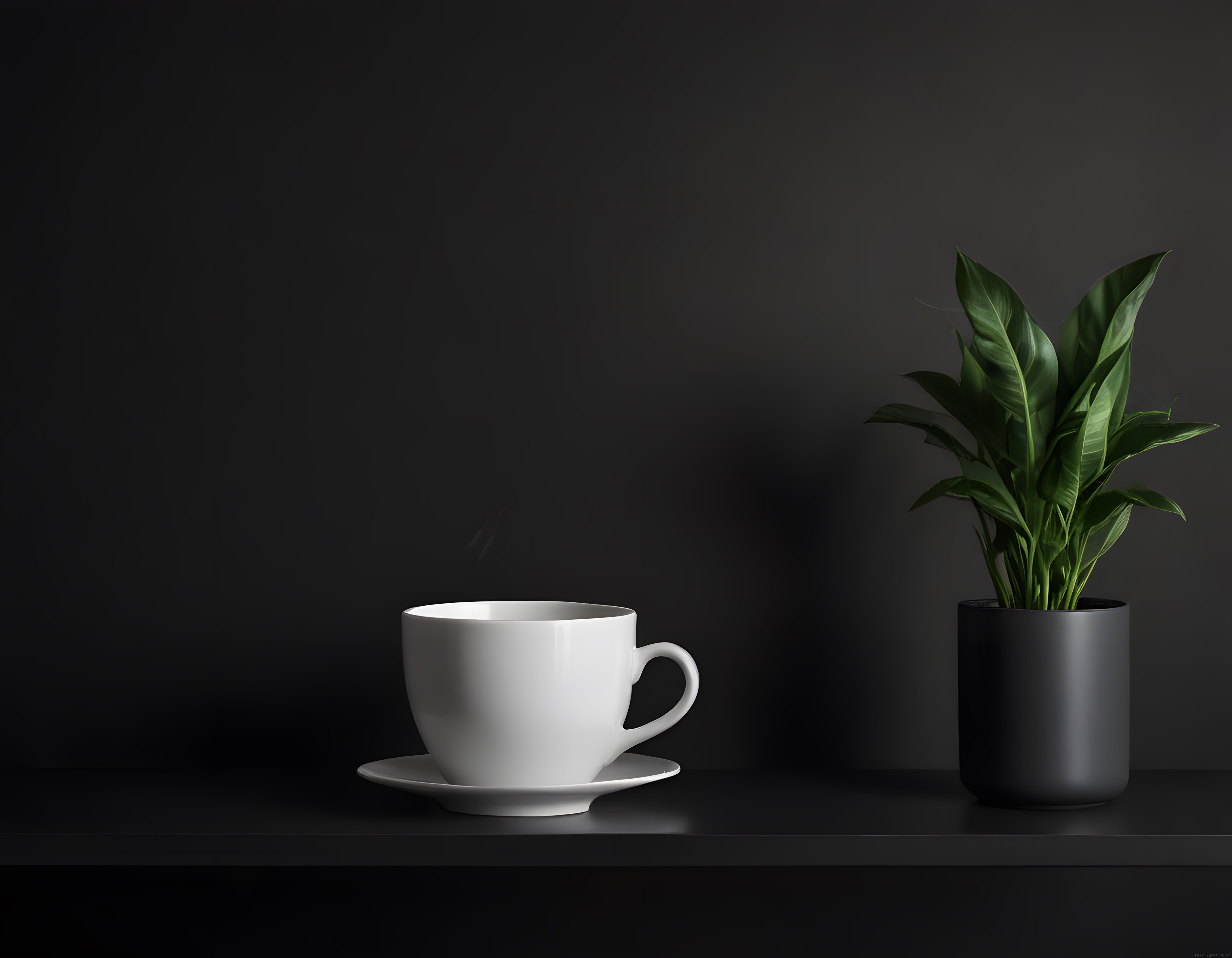 Siyah Fon Üzerinde Minimalist Fincan ve Saksı Bitkisi Tasarımı