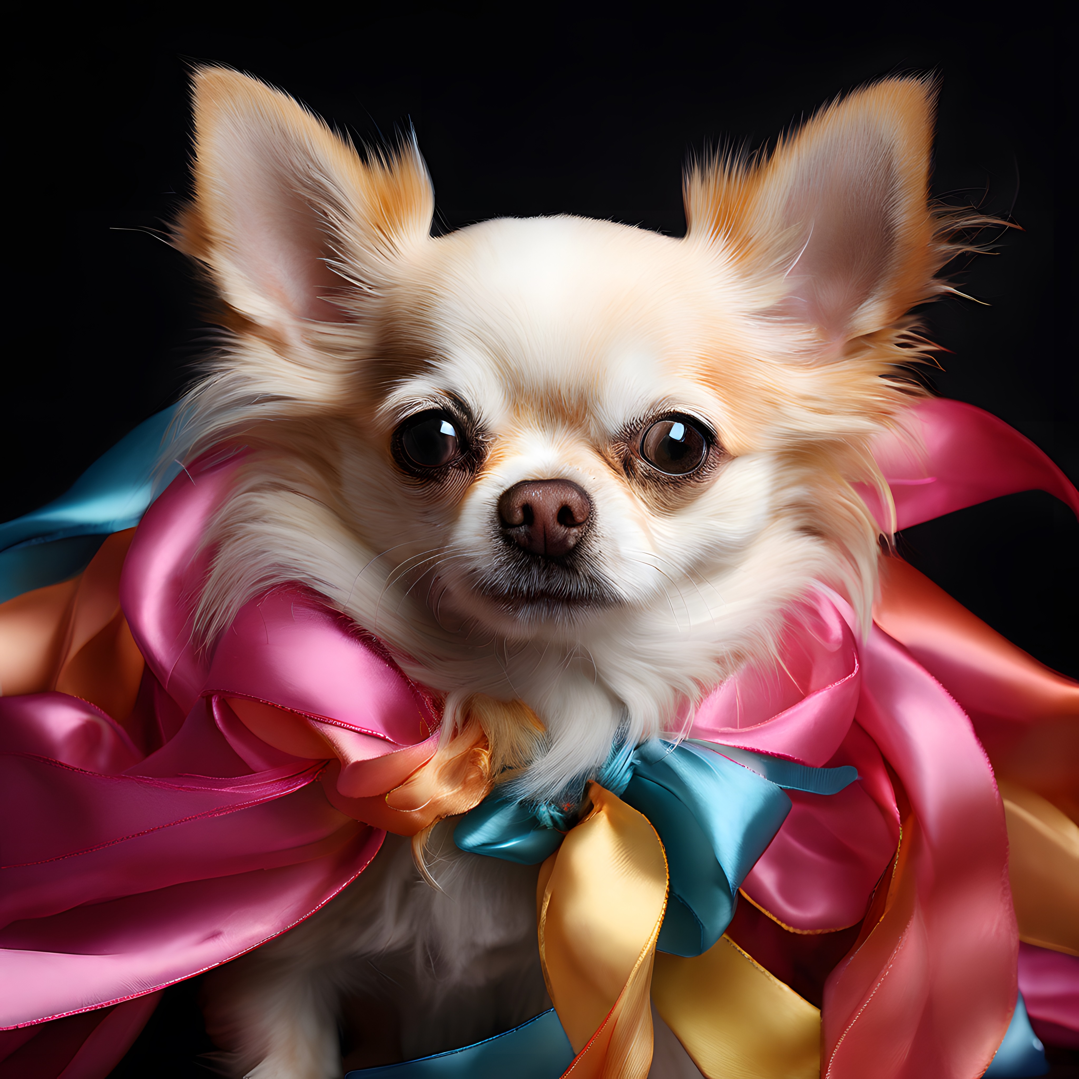 Siyah Fon Üzerinde Renkli Kurdelelerle Süslenmiş Sevimli Chihuahua Köpeği