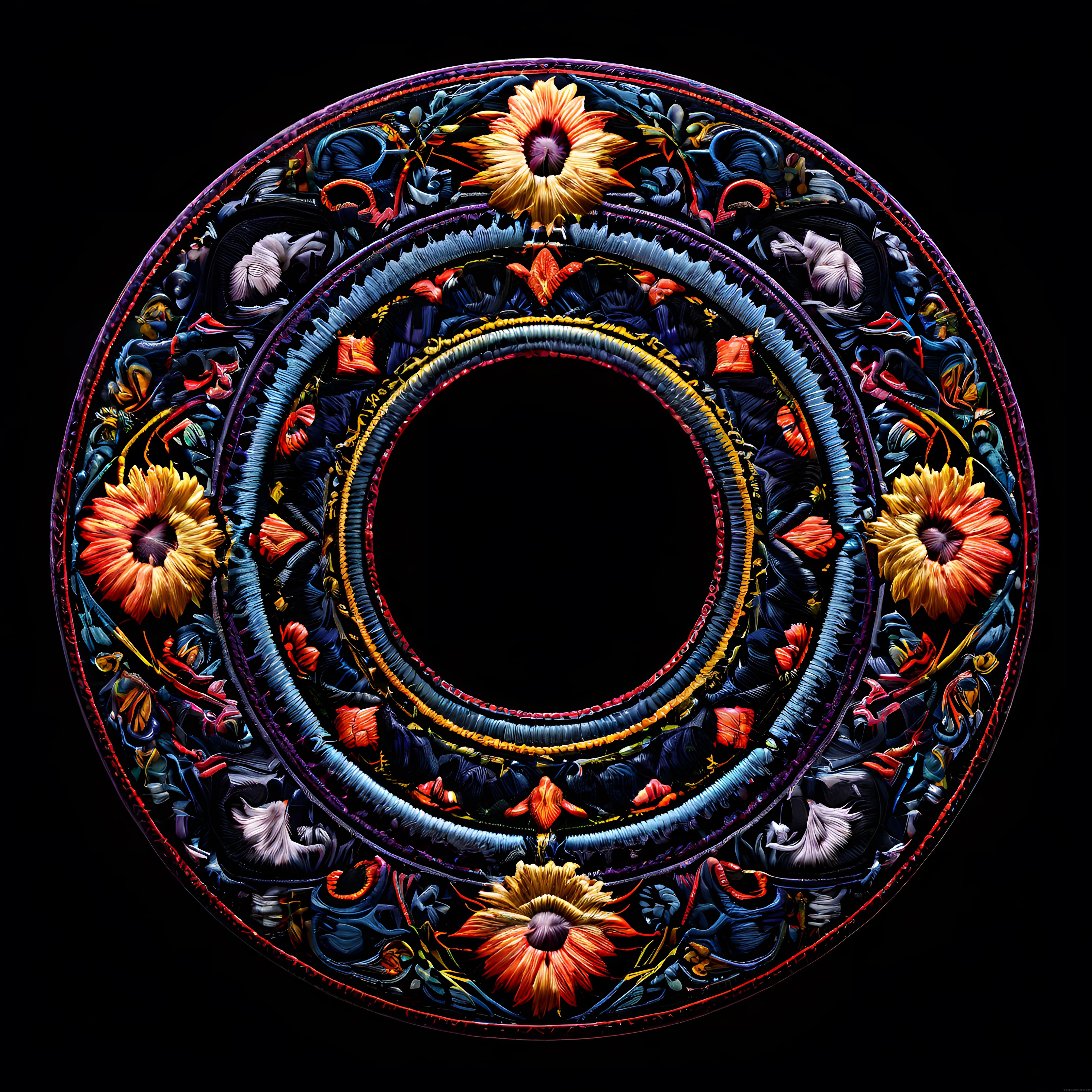 Siyah fon üzerinde simetrik çiçek desenli neon mandala dijital sanat çalışması