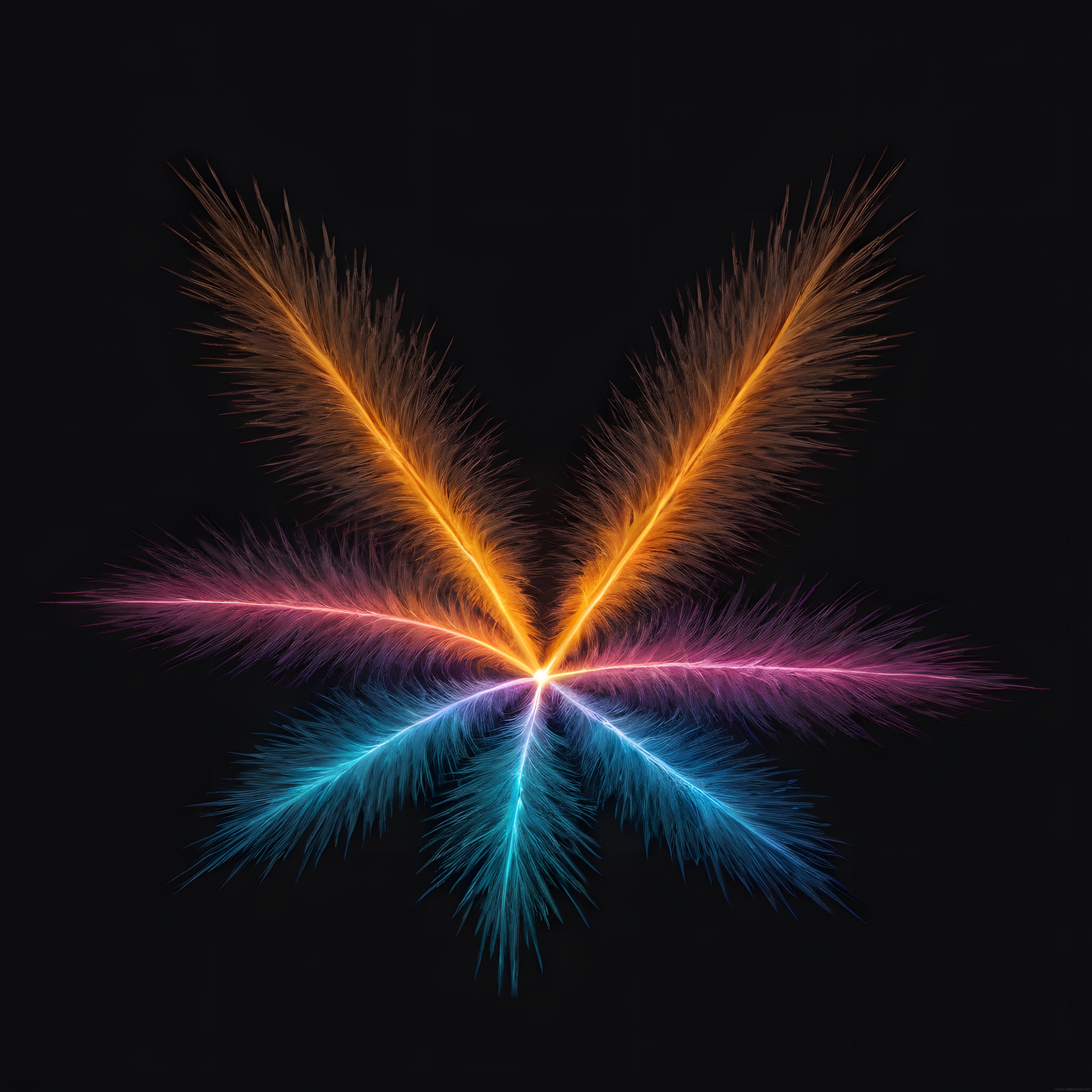 Siyah Fon Üzerinde Simetrik Kanat Formunda Neon Renkli Soyut Dijital Sanat