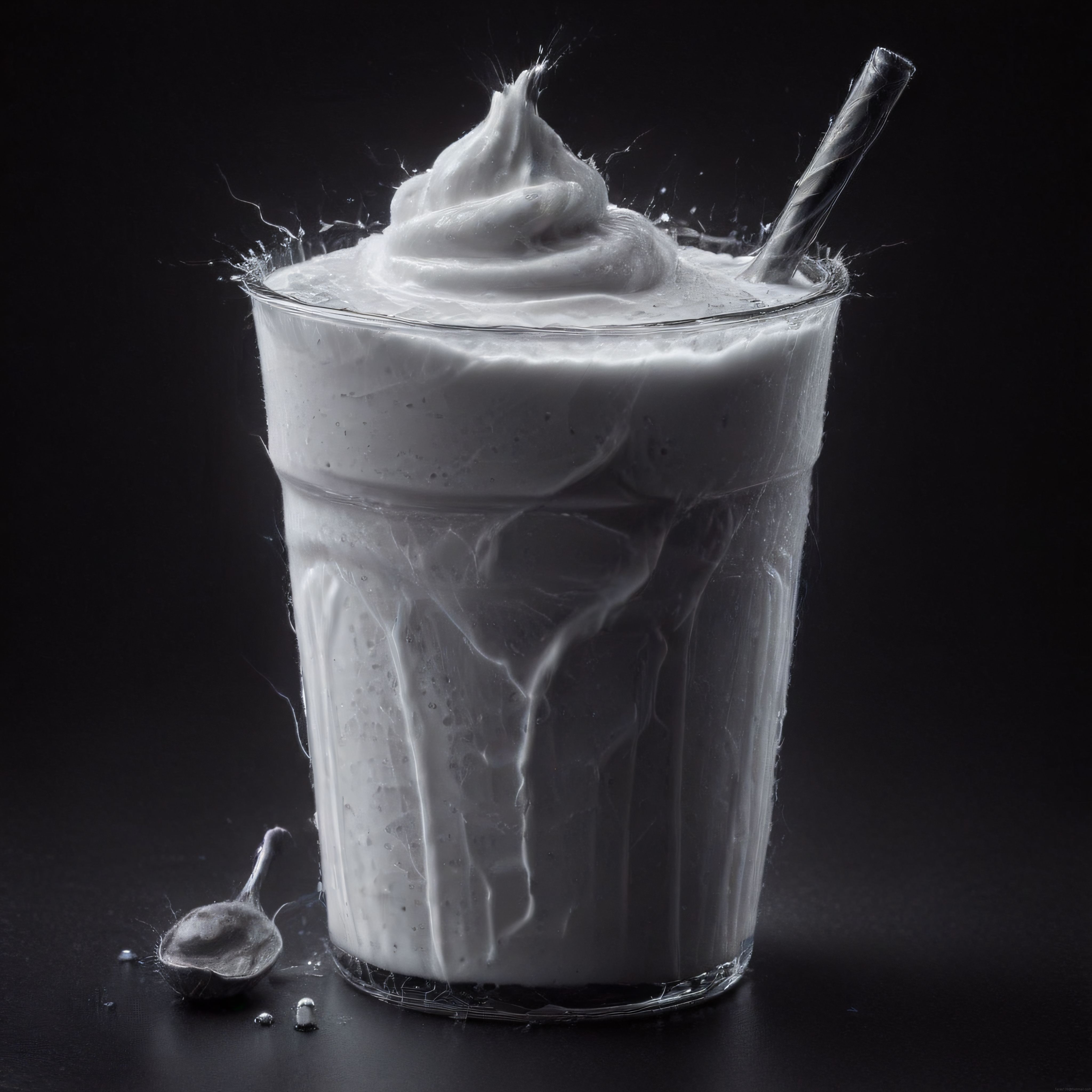 Siyah Fon Üzerinde Taşan Krema ve Pipetle Sunulan Beyaz Milkshake