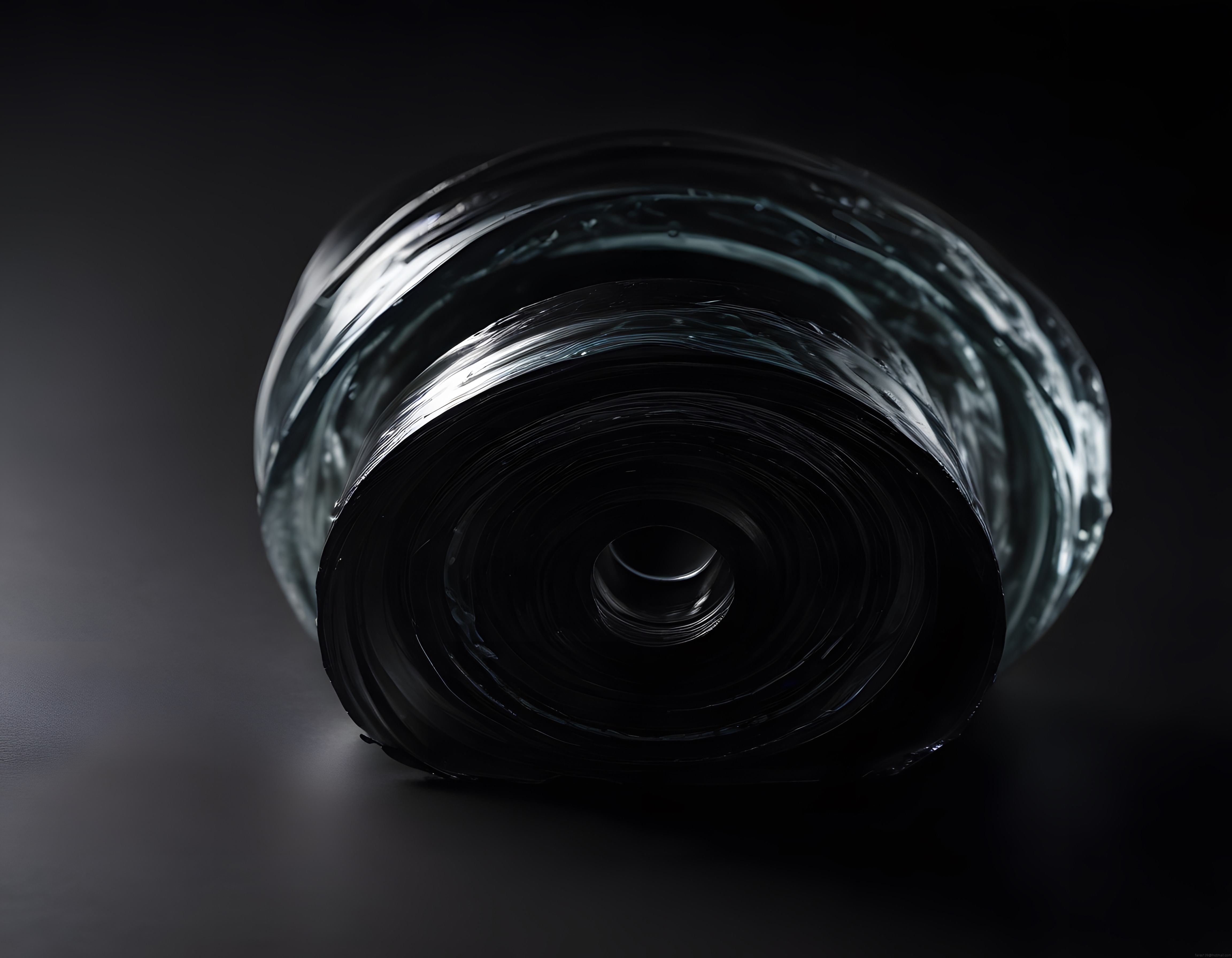 Siyah fon üzerinde yatay şeffaf cam obje ve dramatik ışık oyunları